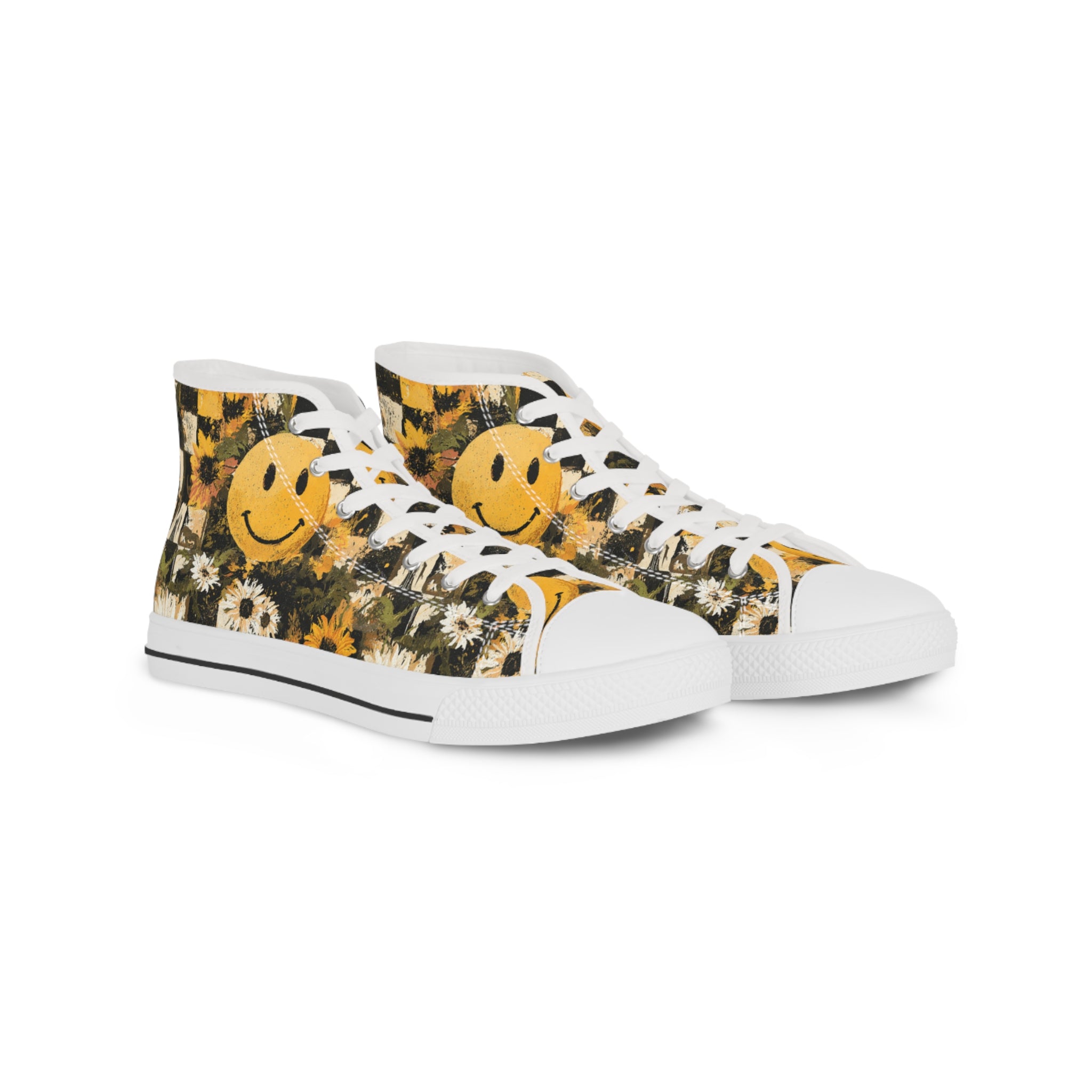 Smiley Face x Checkerboard x Sunflowers x Trippy x Vintage Black and Yellow Men's High Top Sneakers, Artsulli - Art is Long, Life is Short, Shoes, Size, US 5, Color, White sole, , , 28981619125449338829