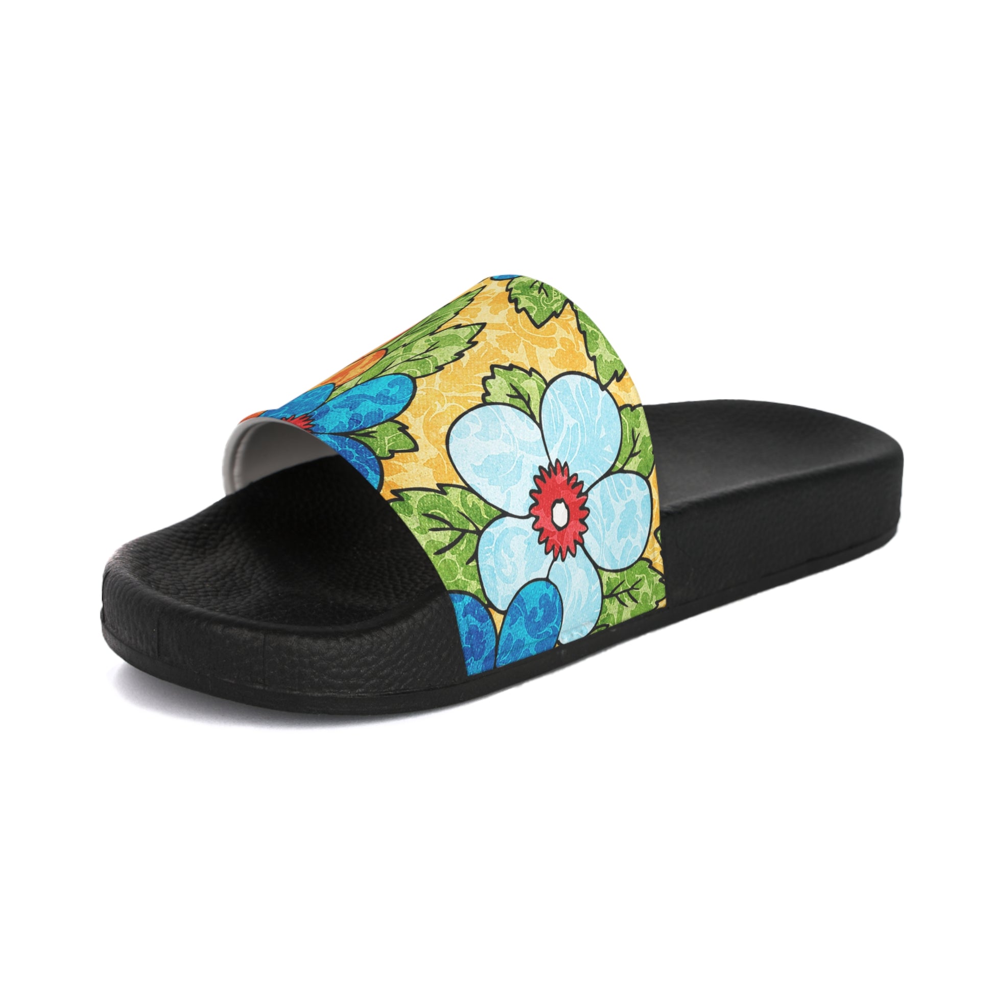 Groovy Yellow Floral Kl Men's Slide Sandals, Artsulli - Art is Long, Life is Short, Shoes, , , , , , , 