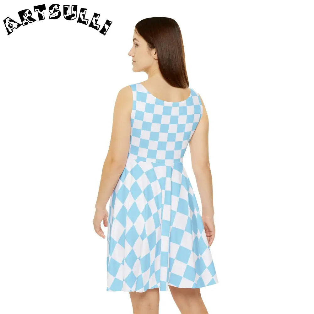 JAKKOUTTHEBXX Checkerboard Sky Blue Women’s Skater Dress (AOP)