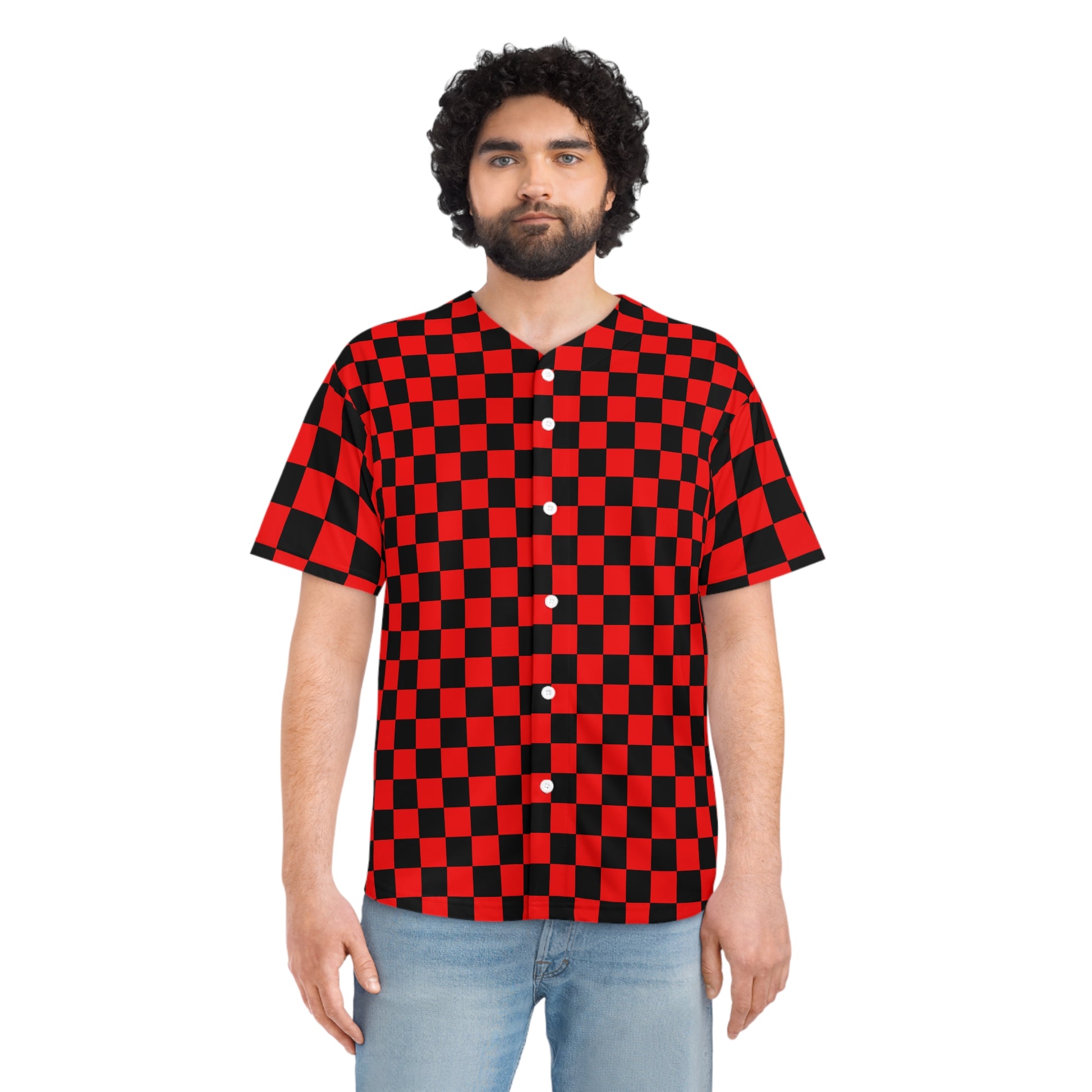 Checkerboard II Red and Black Men's Baseball Jersey (AOP), Artsulli - Art is Long, Life is Short, All Over Prints, , , , , , , 