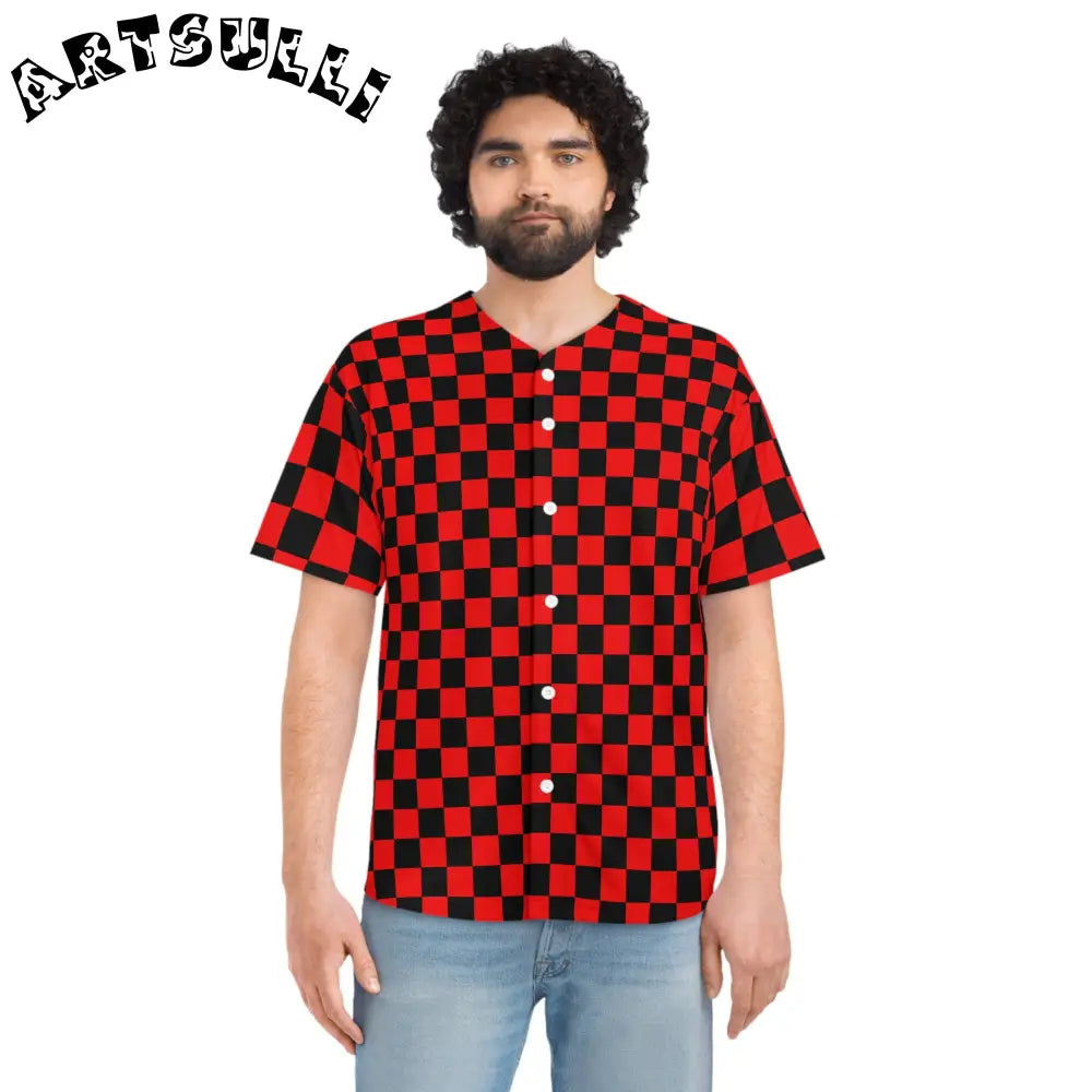 JAKKOUTTHEBXX Checkerboard II Red and Black Men’s Baseball Jersey