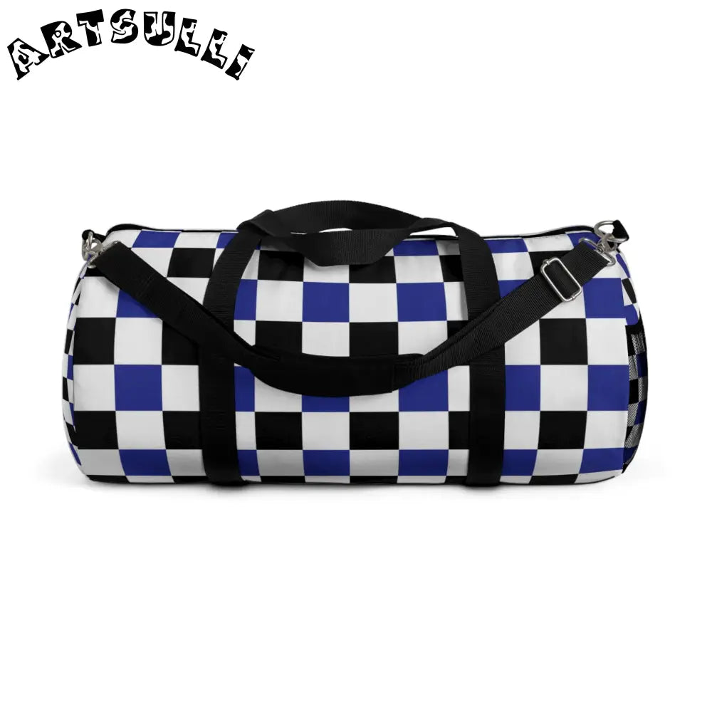 JAKKOUTTHEBXX Checkerboard Blue White and Black Duffel Bag