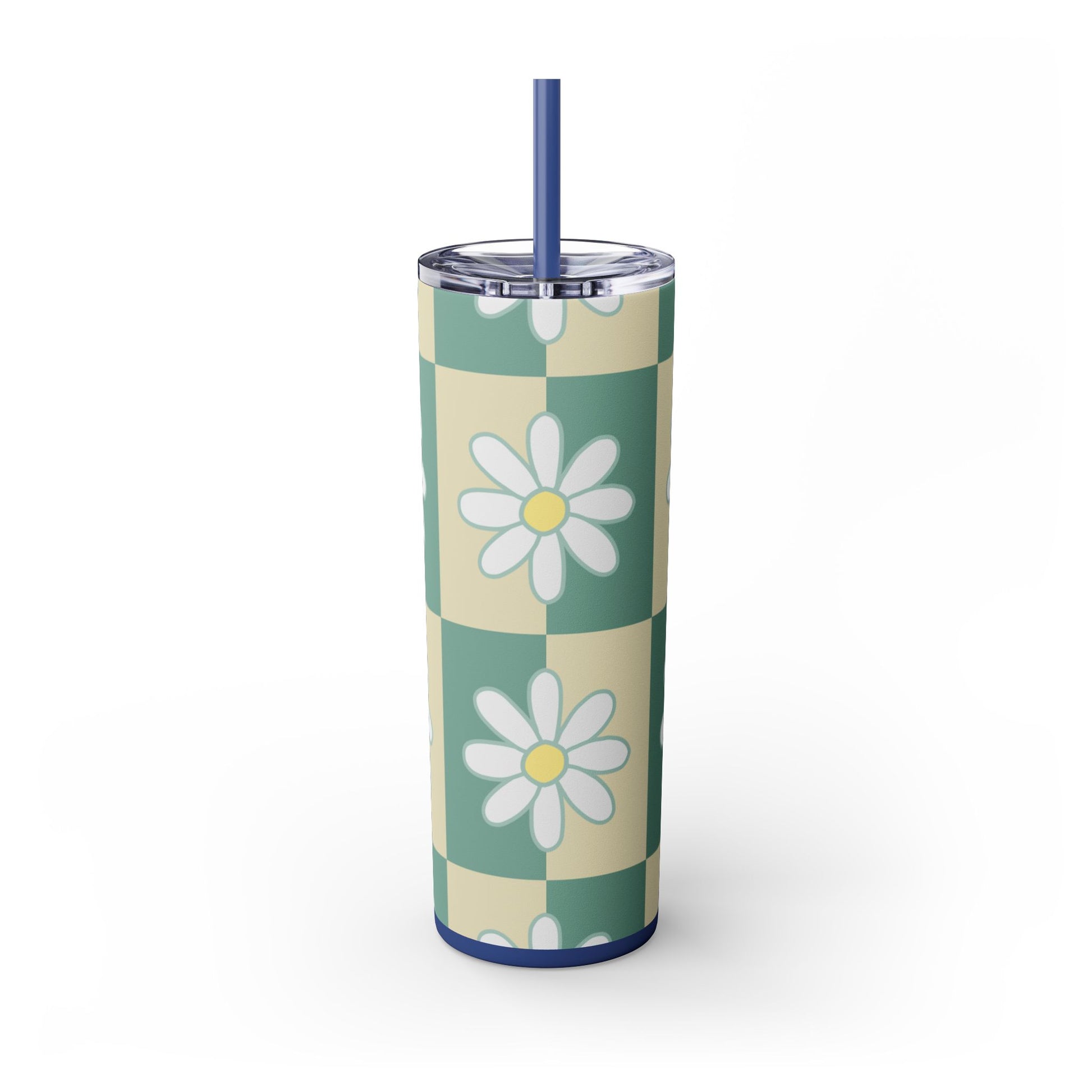 Retro Daisy Checkerboard Green and Tan Skinny Tumbler with Straw, 20oz, Artsulli - Art is Long, Life is Short, Mug, , , , , , , 