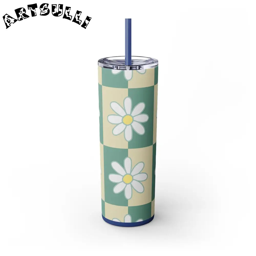 JAKKOUTTHEBXX Retro Daisy Checkerboard Green and Tan Skinny Tumbler