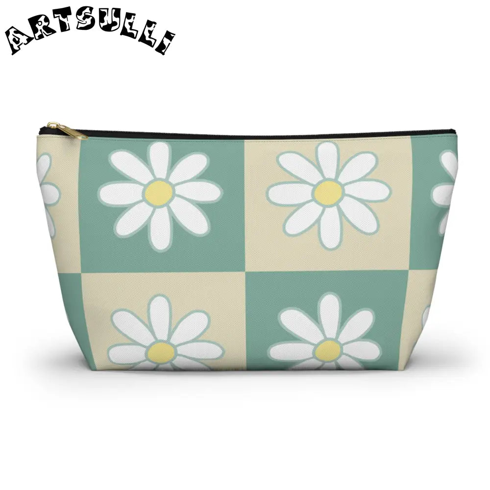 JAKKOUTTHEBXX Retro Daisy Checkerboard Green and Tan Accessory Pouch