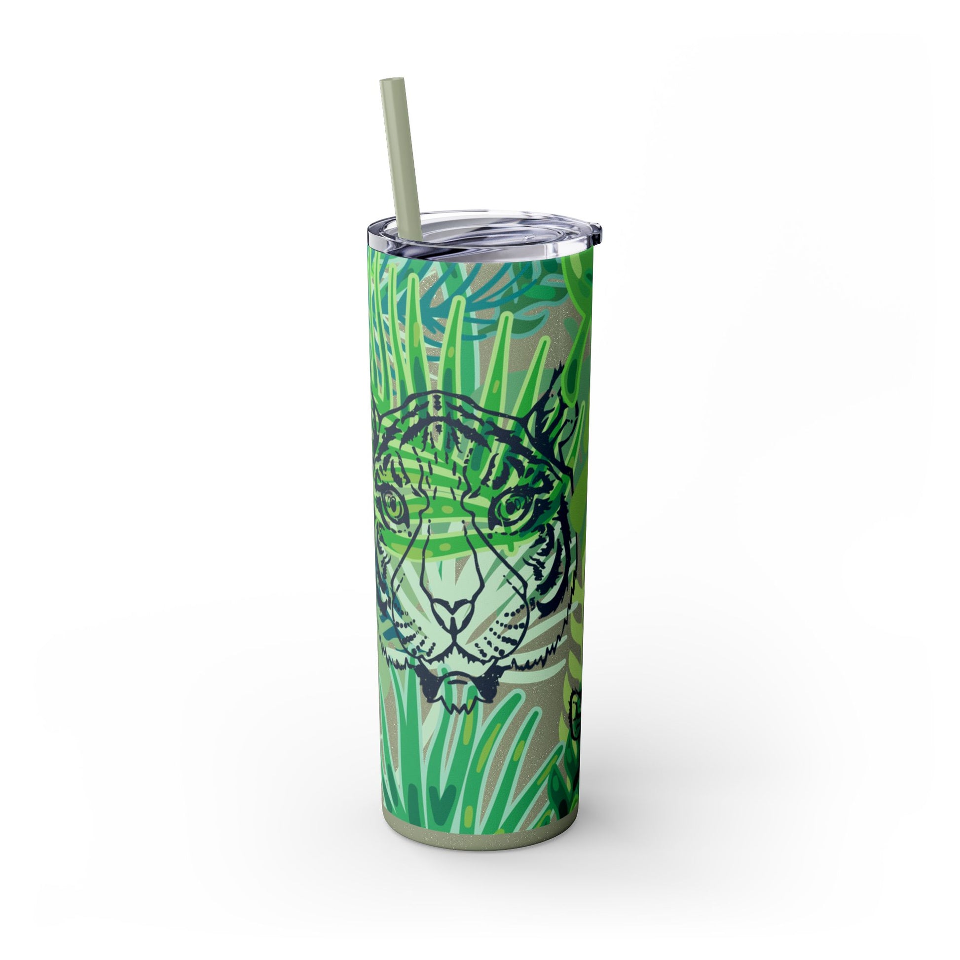 Tropical Jungle Tigers Green Skinny Tumbler with Straw, 20oz, Artsulli - Art is Long, Life is Short, Mug, , , , , , , 