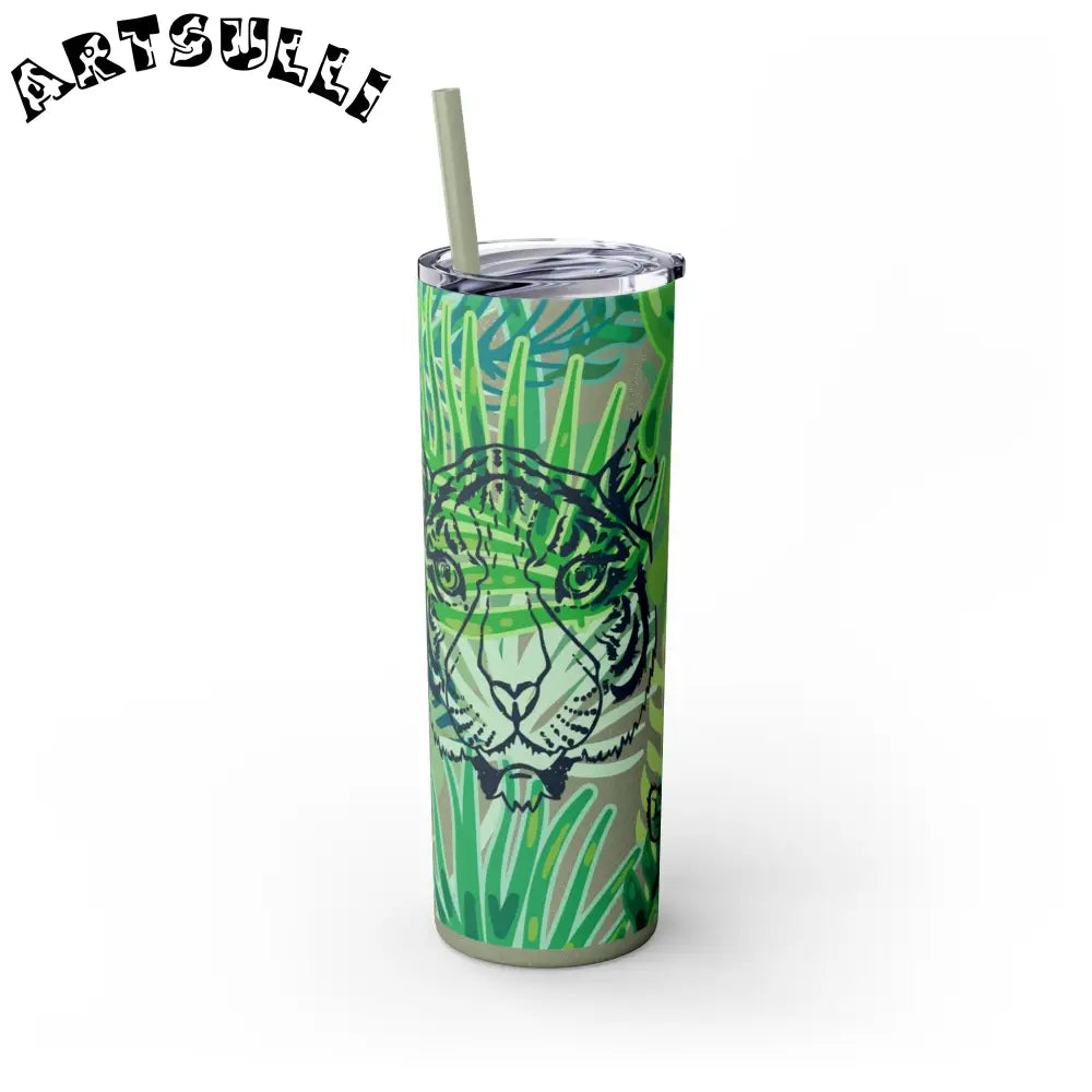 JAKKOUTTHEBXX Tropical Jungle Tigers Green Skinny Tumbler with Straw
