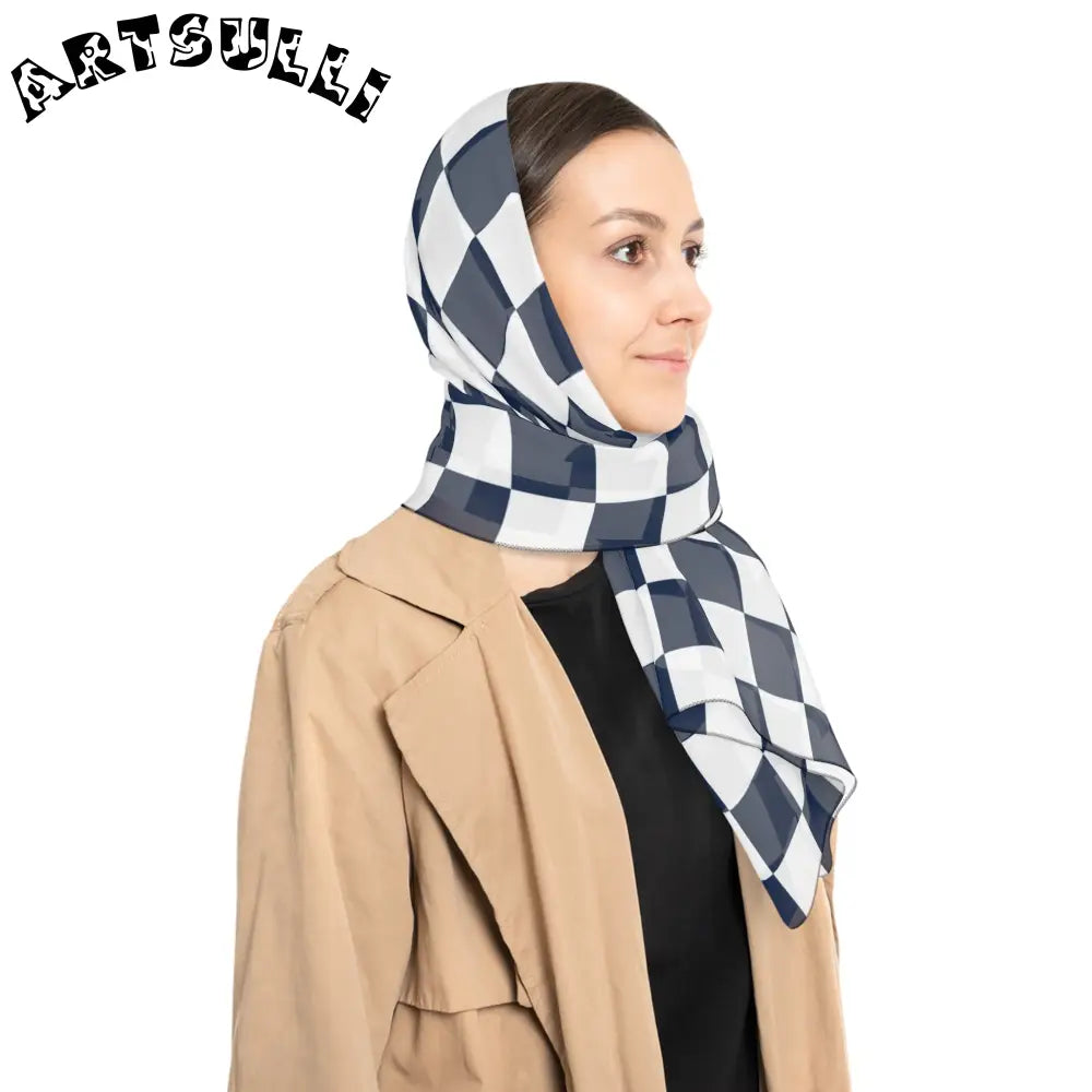 JAKKOUTTHEBXX Checkerboard II White and Navy Blue Poly Scarf