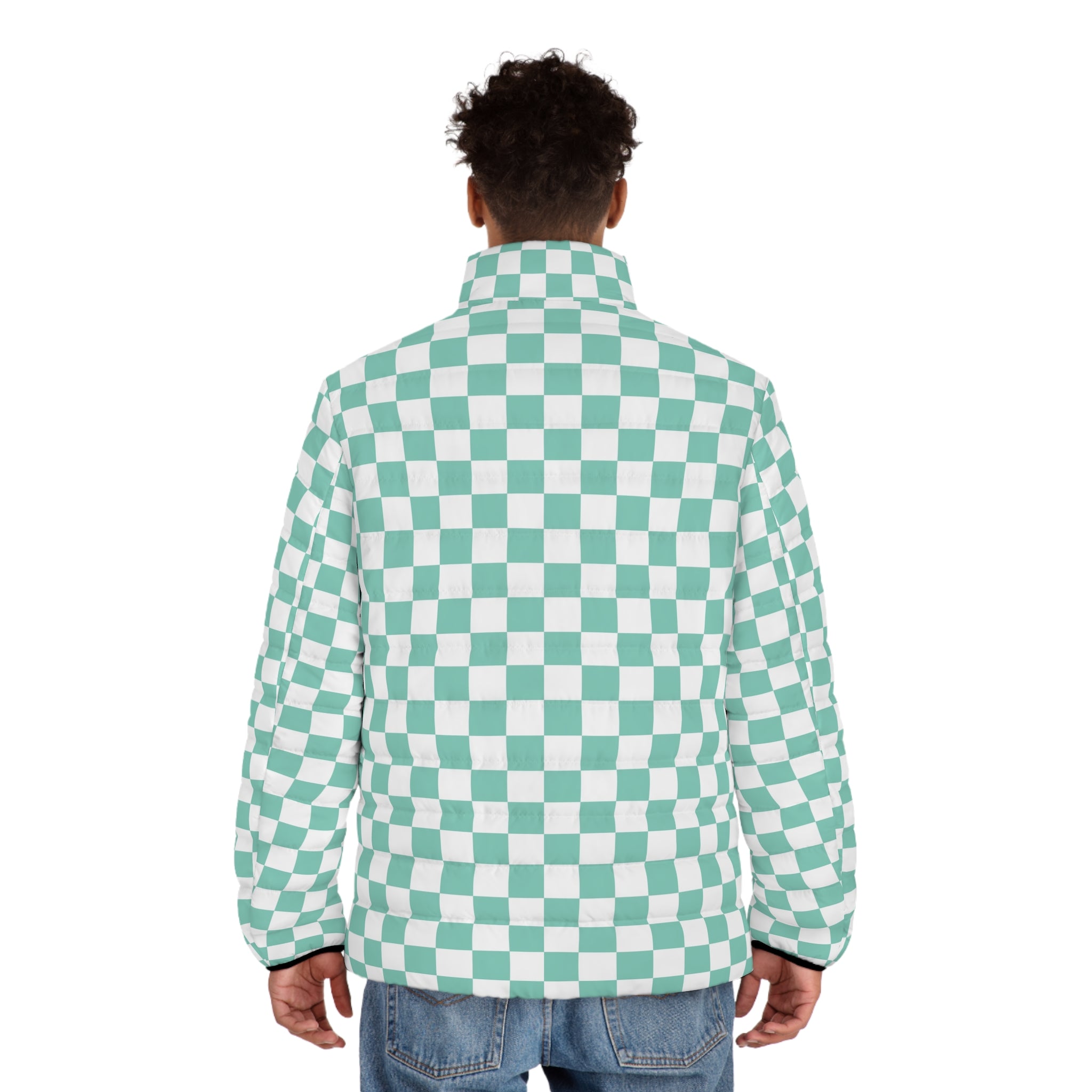 Checkerboard Light Green Men's Puffer Jacket (AOP), Artsulli - Art is Long, Life is Short, All Over Prints, , , , , , , 