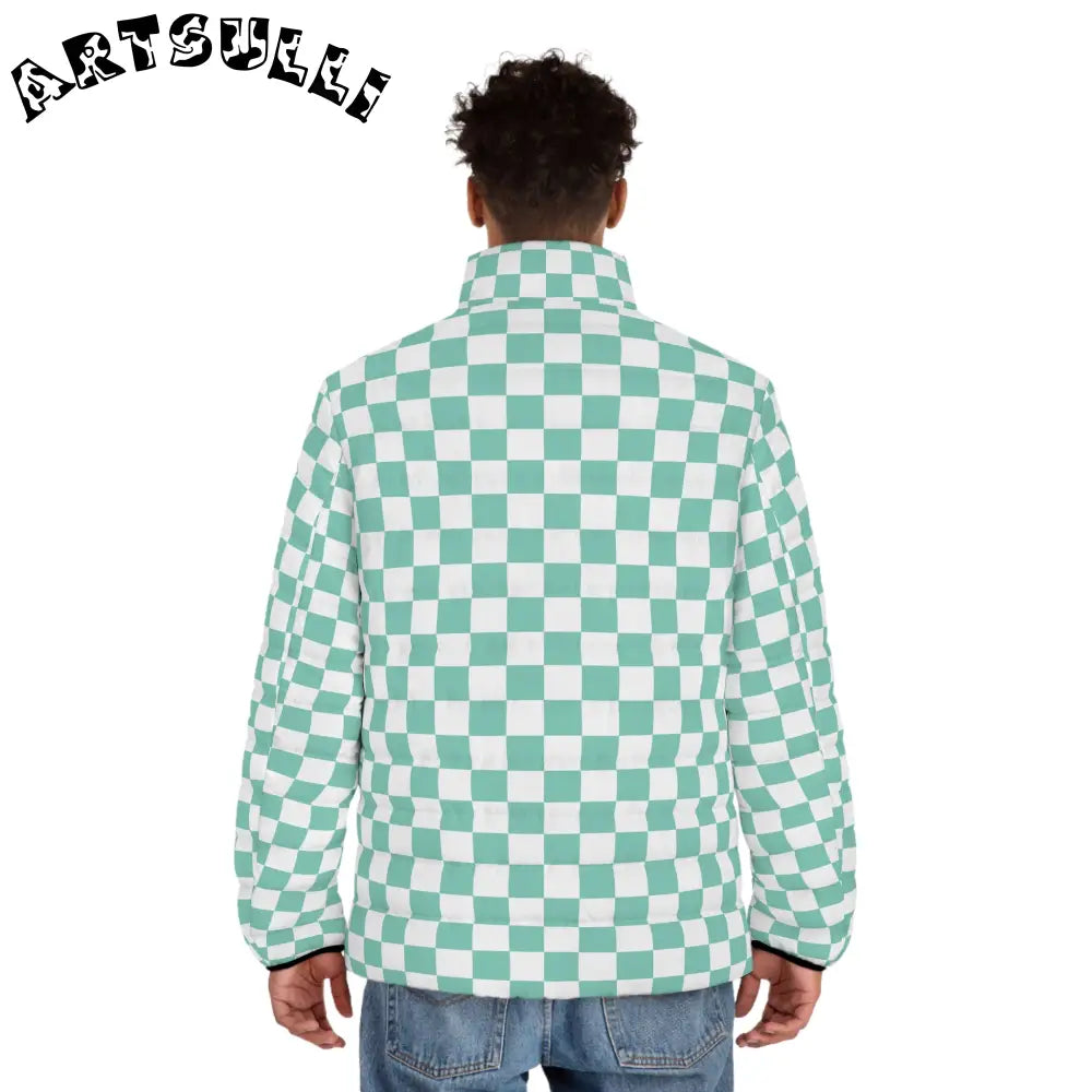 JAKKOUTTHEBXX Checkerboard Light Green Men’s Puffer Jacket (AOP)