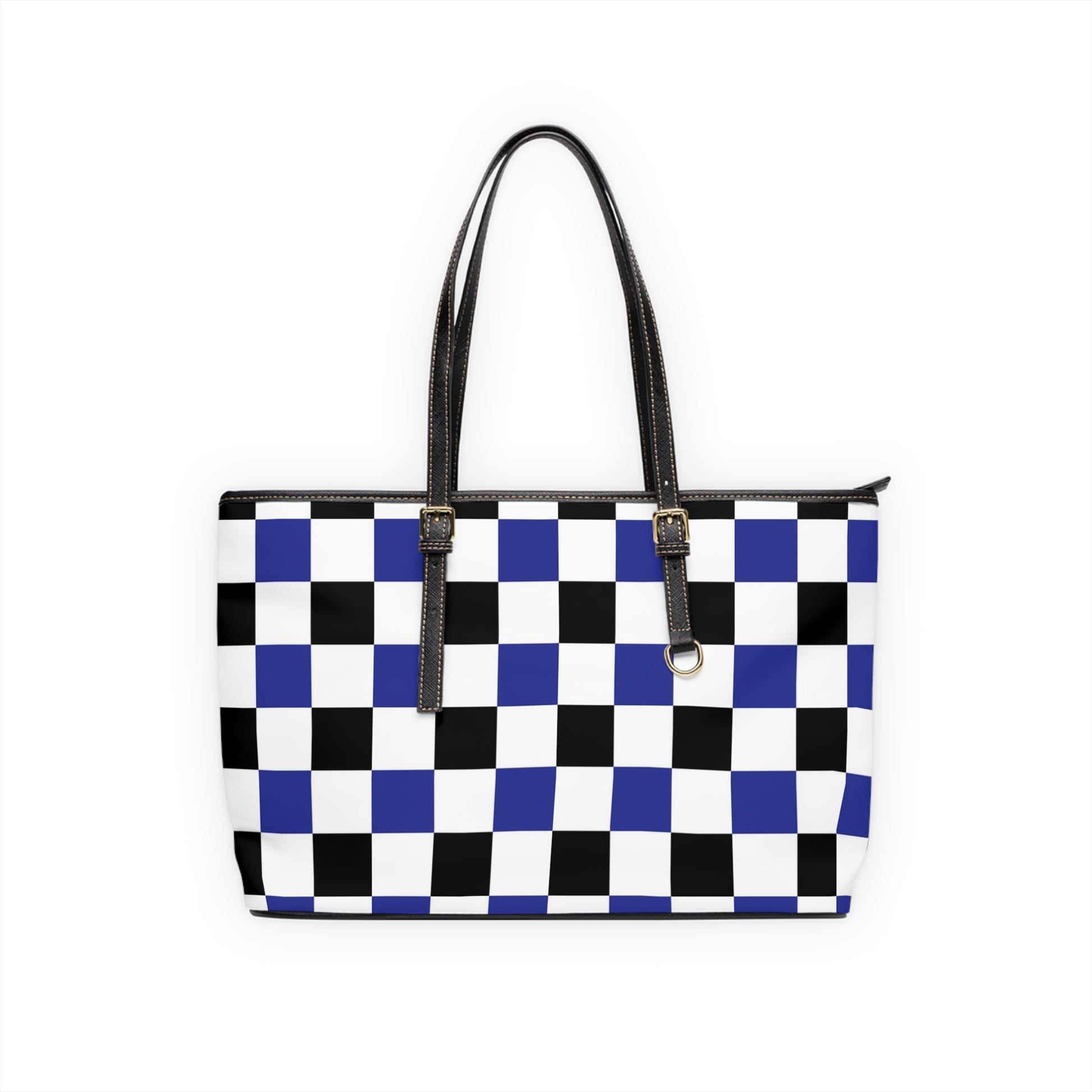 Checkerboard Blue White and Black PU Leather Shoulder Bag, Artsulli - Art is Long, Life is Short, Bags, Size, 17" x 11", Color, Black, , , 28132296375861728483