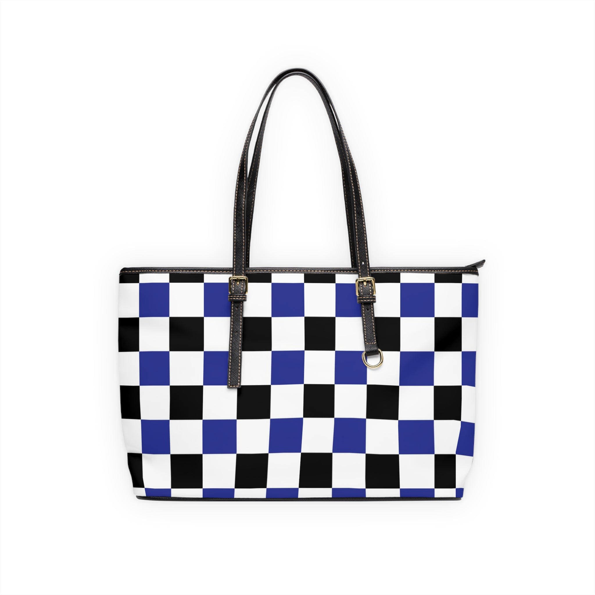 Checkerboard Blue White and Black PU Leather Shoulder Bag, Artsulli - Art is Long, Life is Short, Bags, Size, 17" x 11", Color, Black, , , 28132296375861728483