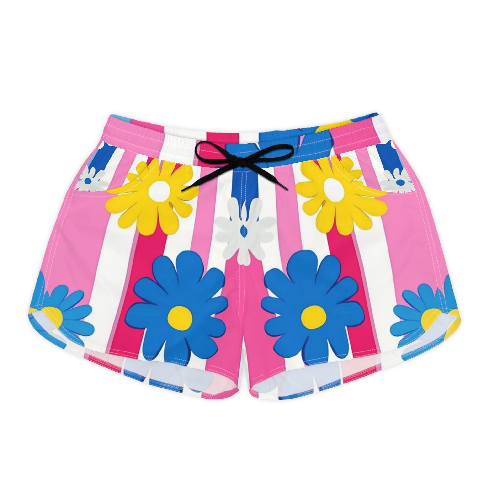 Flowers x Stripes Multi-Color Women's Casual Shorts (AOP), Artsulli - Art is Long, Life is Short, All Over Prints, Size, S, Color, Black drawstring, , , 57155408116530