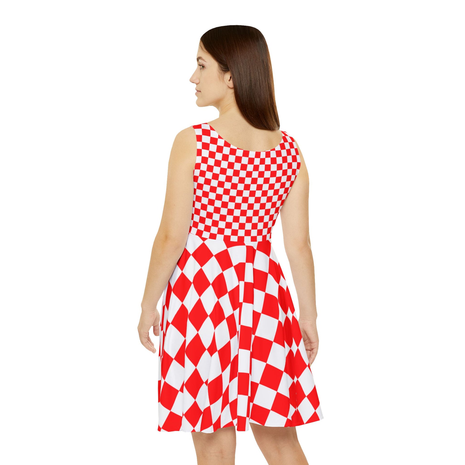 Checkerboard Red and White Women's Skater Dress (AOP), Artsulli - Art is Long, Life is Short, All Over Prints, , , , , , , 