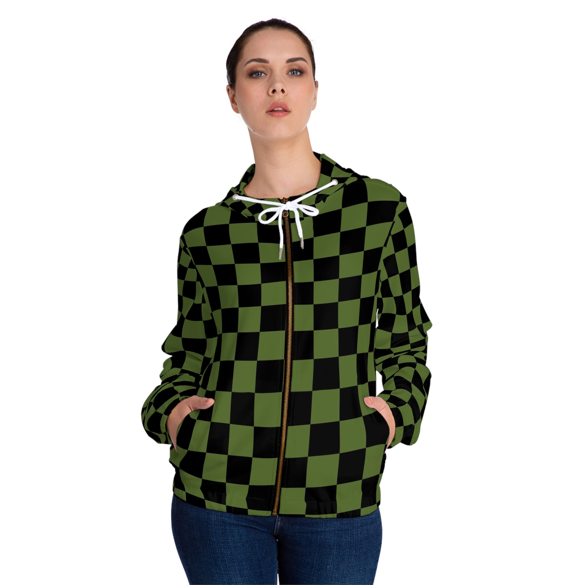Checkerboard Olive Green and Black Women’s Full-Zip Hoodie (AOP), Artsulli - Art is Long, Life is Short, All Over Prints, , , , , , , 
