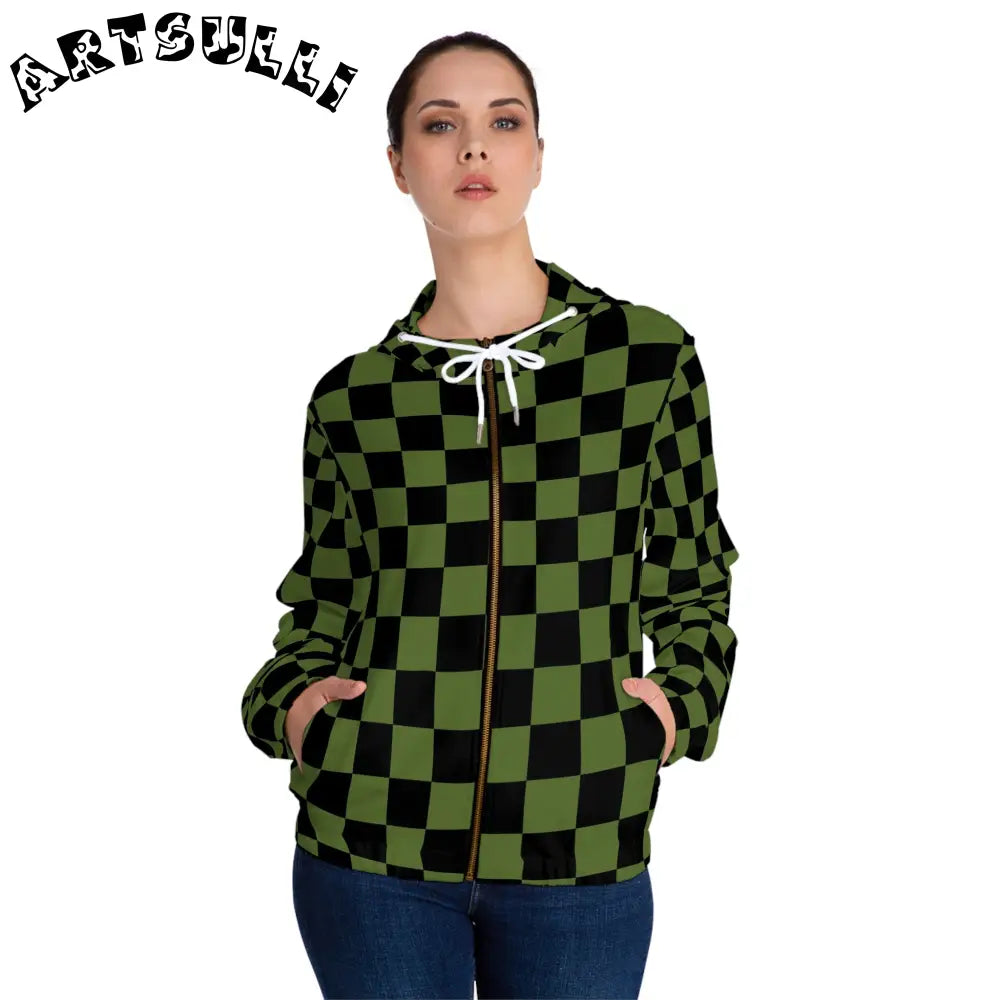 JAKKOUTTHEBXX Checkerboard Olive Green and Black Women’s Full-Zip