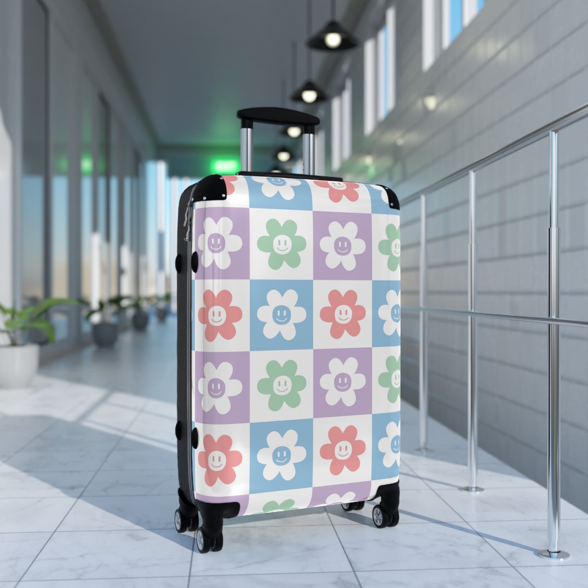Chessboard x Smiley Face Flowers Multi-Color Suitcase, Artsulli - Art is Long, Life is Short, Bags, , , , , , , 