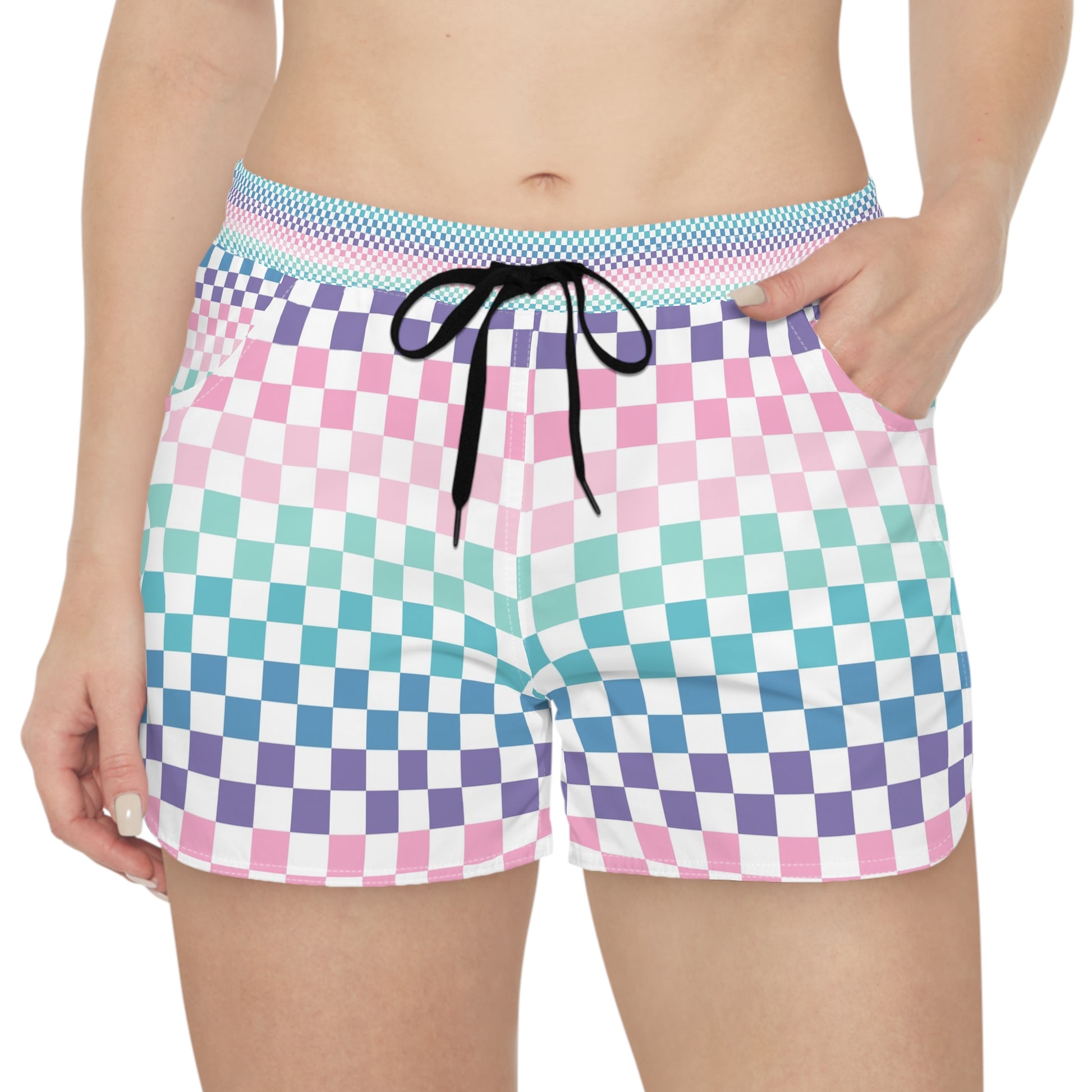 Vaporwave Rainbow  Checkerboard Multi-Color Women's Casual Shorts (AOP), Artsulli - Art is Long, Life is Short, All Over Prints, , , , , , , 