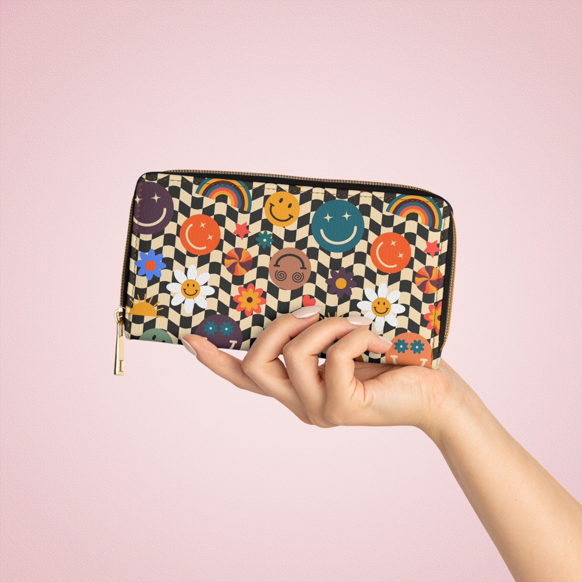 Trippy x Wavy Checkerboard x Smiley Face x Rainbow x Flowers II Multi-Color Zipper Wallet, Artsulli - Art is Long, Life is Short, Accessories, , , , , , , 