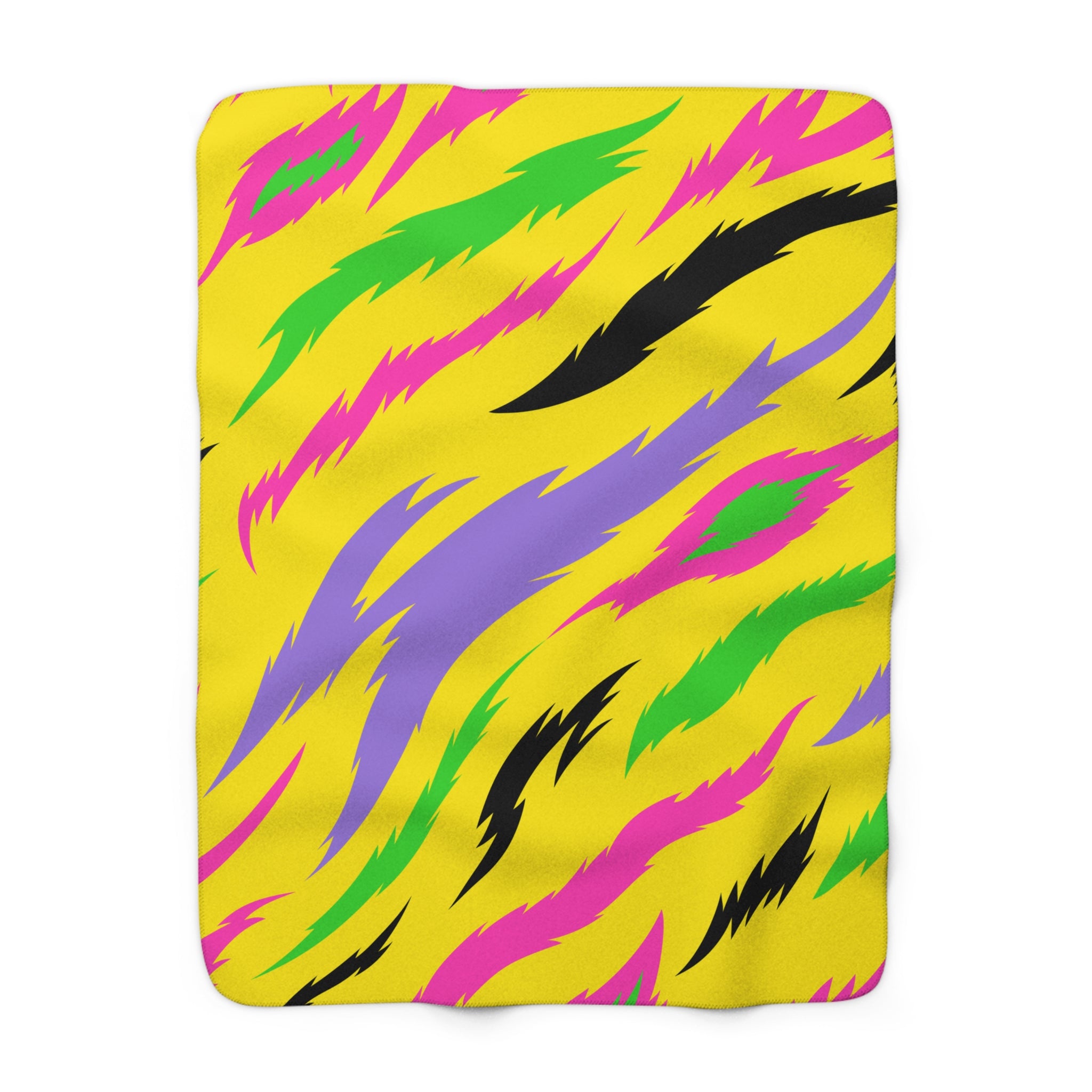 Retro Psychedelic Tiger Stripes Yellow Sherpa Fleece Blanket, Artsulli - Art is Long, Life is Short, Home Decor, Size, 50" × 60", , , , , 10591611127178