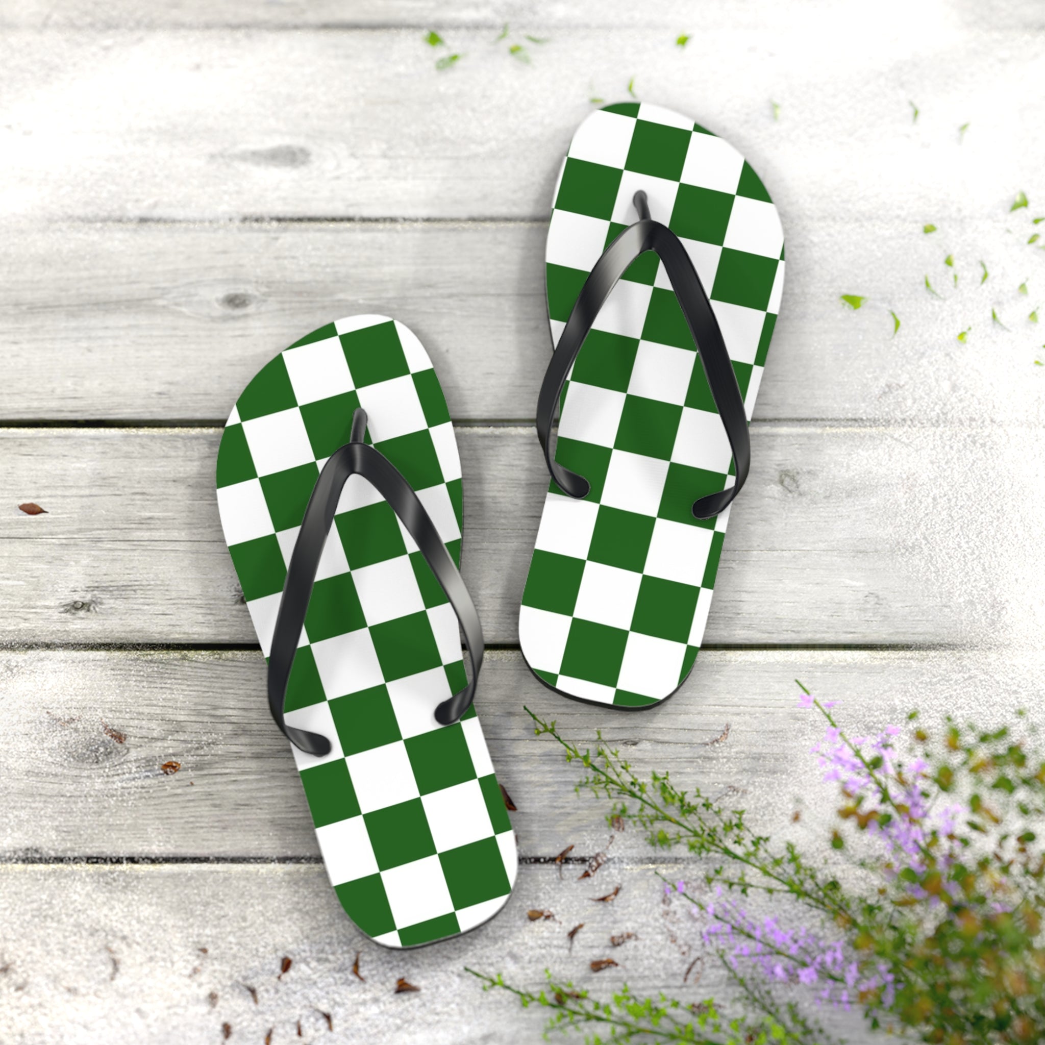 Checkerboard White and Dark Green Flip Flops, Artsulli - Art is Long, Life is Short, Shoes, , , , , , , 