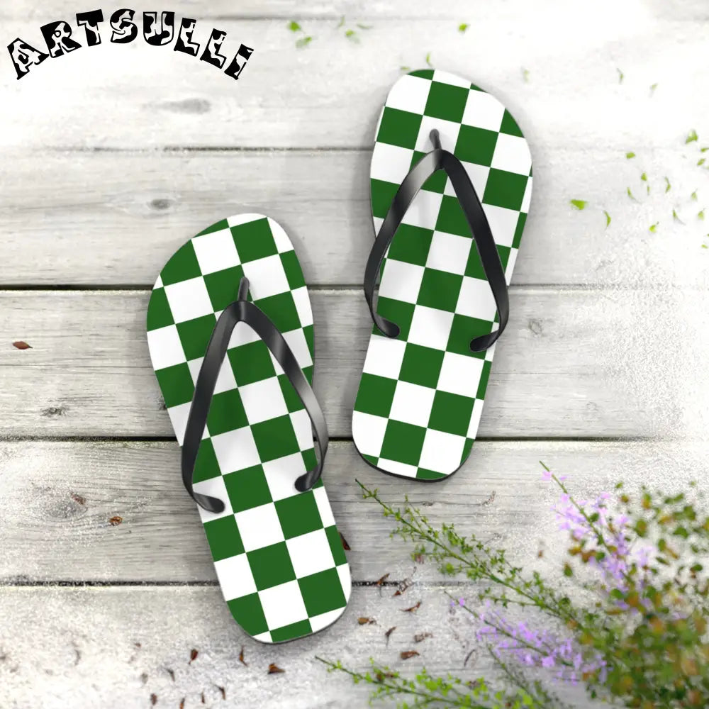 JAKKOUTTHEBXX Checkerboard White and Dark Green Flip Flops