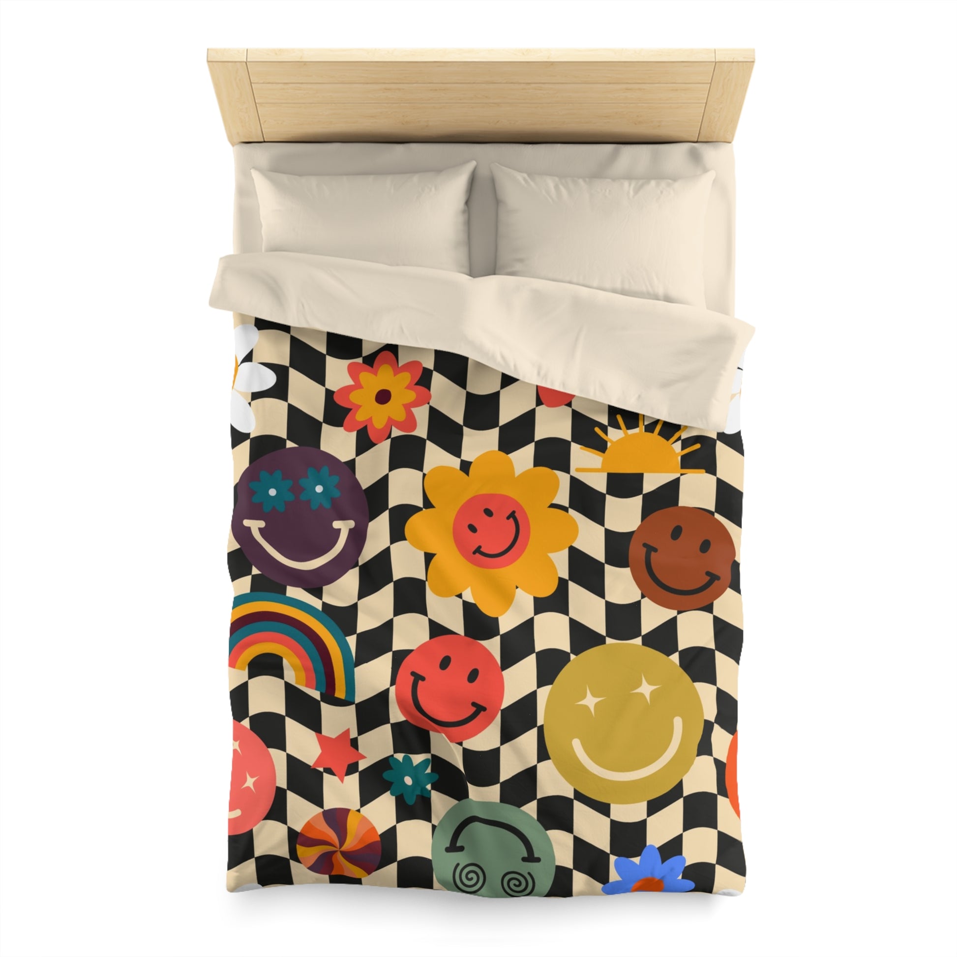 Trippy x Wavy Checkerboard x Smiley Face x Rainbow x Flowers Multi-Color Microfiber Duvet Cover, Artsulli - Art is Long, Life is Short, Home Decor, , , , , , , 
