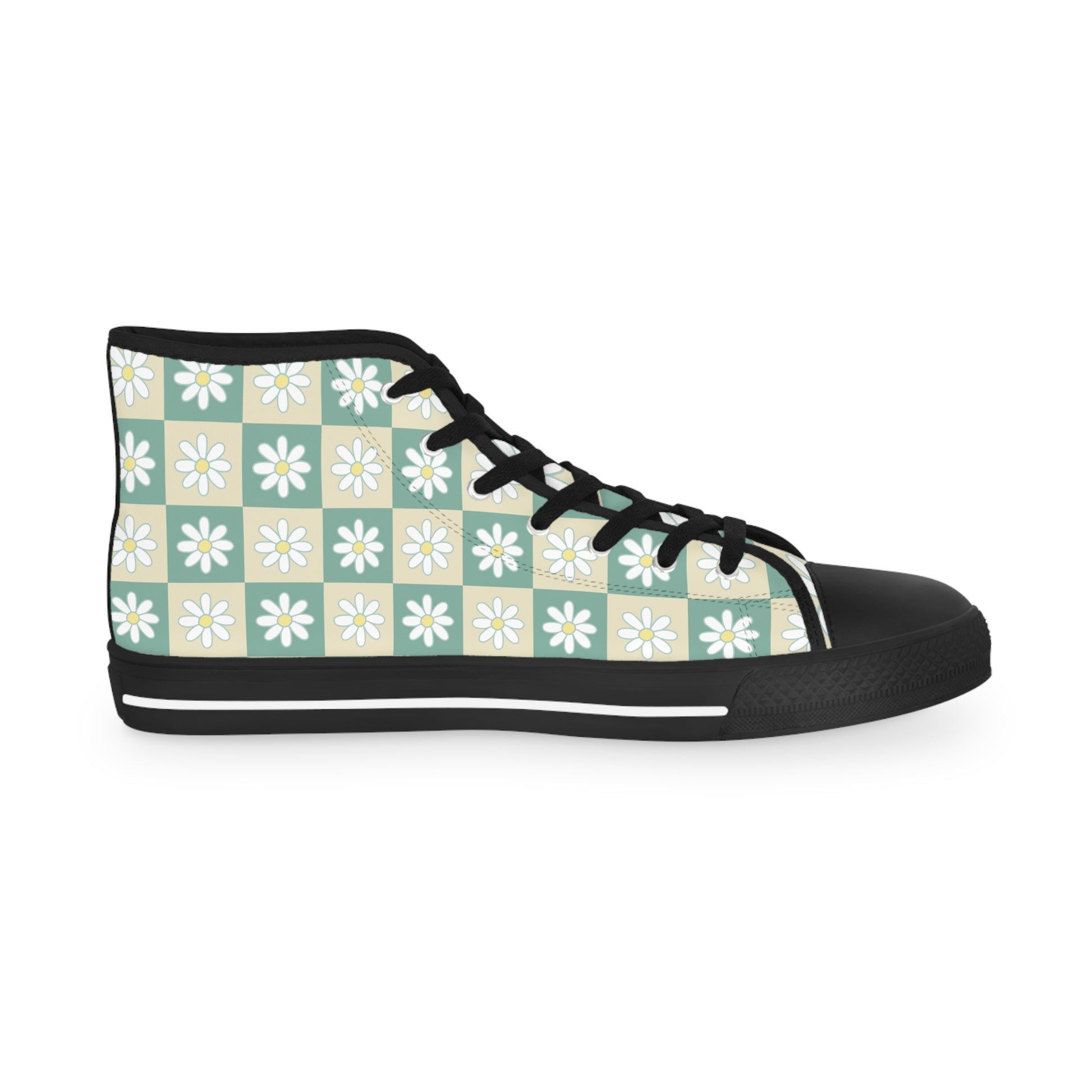 Retro Daisy Checkerboard Green and Tan Men's High Top Sneakers, Artsulli - Art is Long, Life is Short, Shoes, , , , , , , 