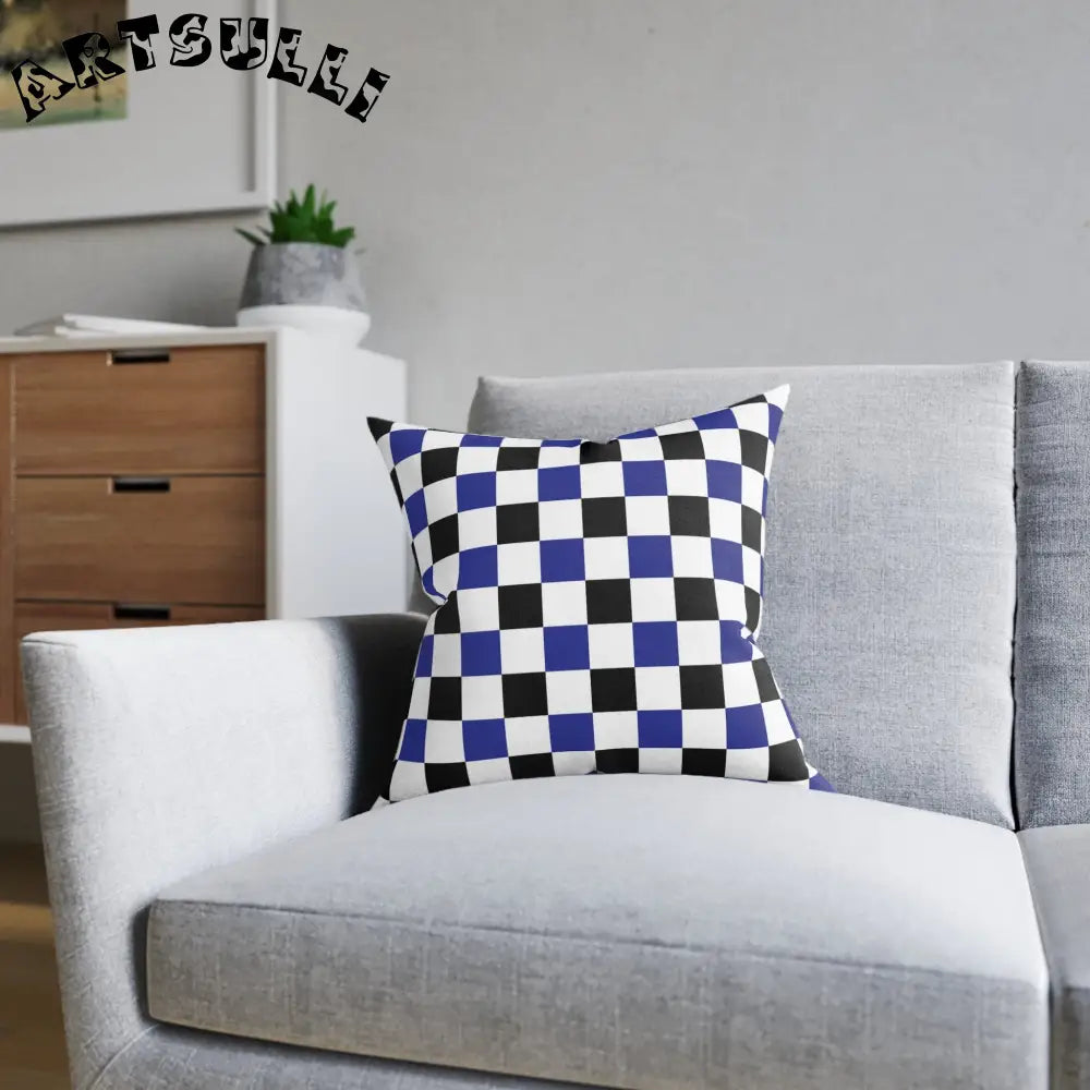 JAKKOUTTHEBXX Checkerboard Blue White and Black Square Pillow