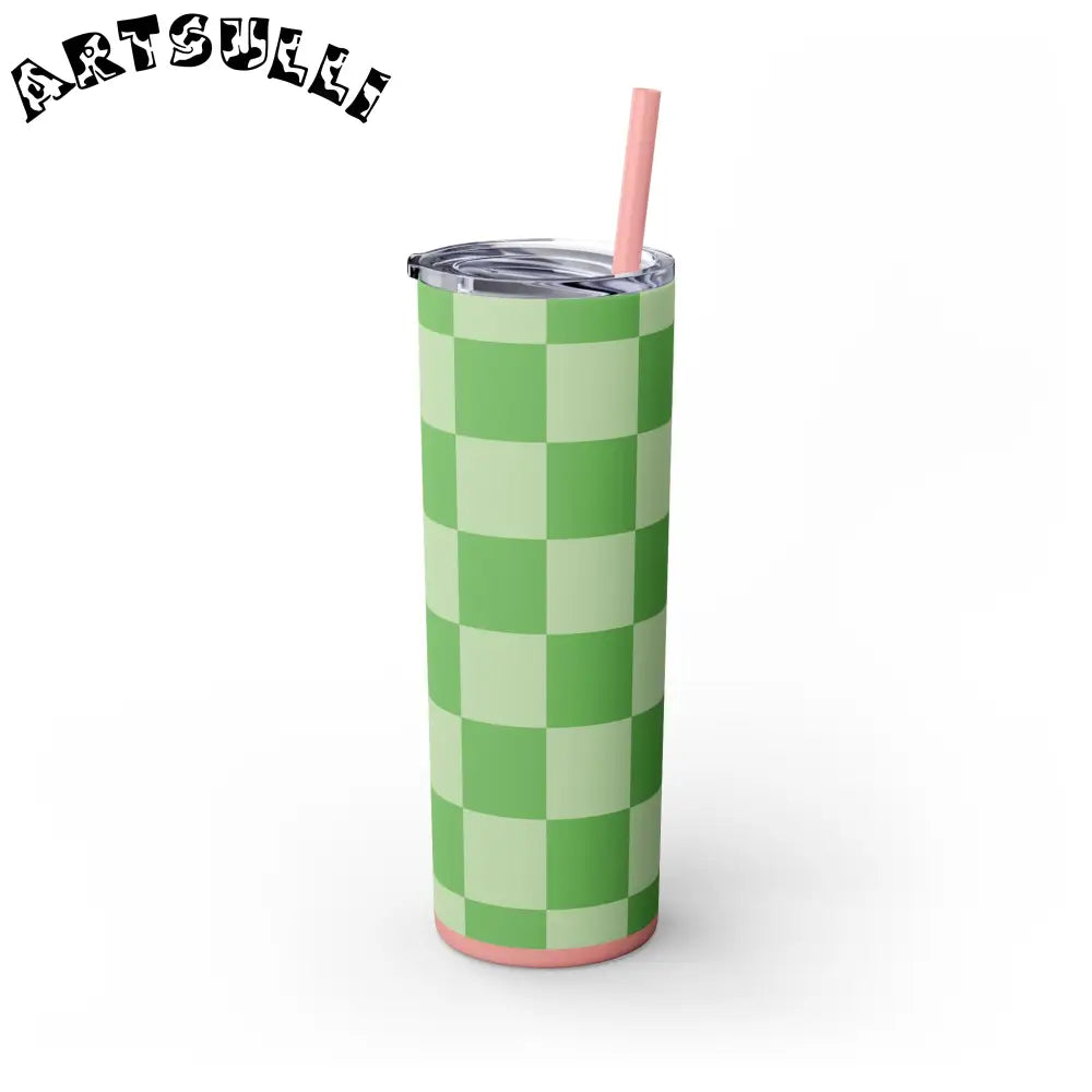 JAKKOUTTHEBXX Checkerboard Green Skinny Tumbler with Straw 20oz