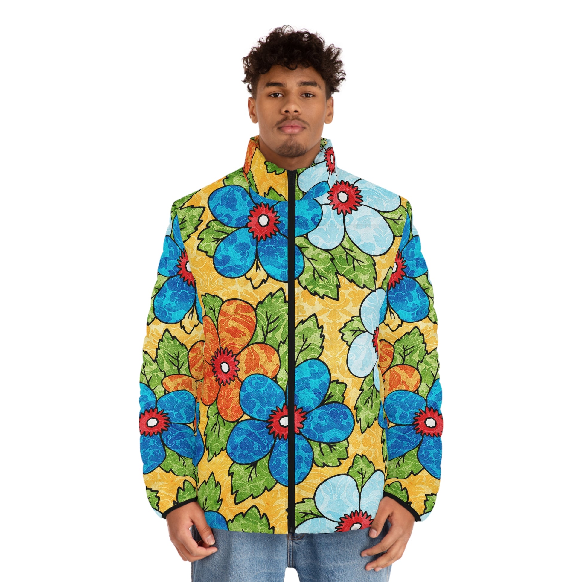 Groovy Yellow Floral Kl Men's Puffer Jacket (AOP), Artsulli - Art is Long, Life is Short, All Over Prints, , , , , , , 