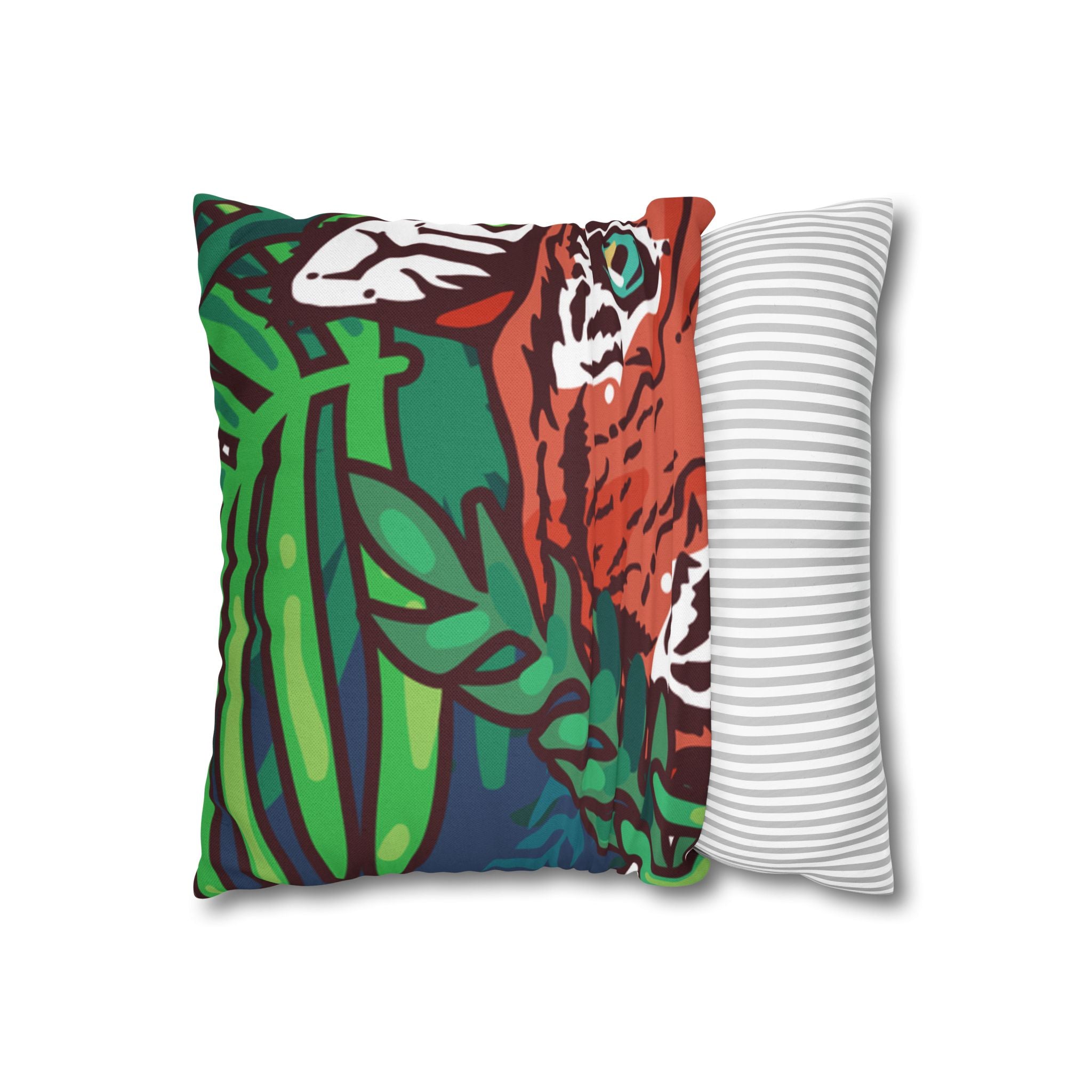 Tropical Jungle Tigers Blue and Green Spun Polyester Square Pillowcase, Artsulli - Art is Long, Life is Short, Home Decor, , , , , , , 