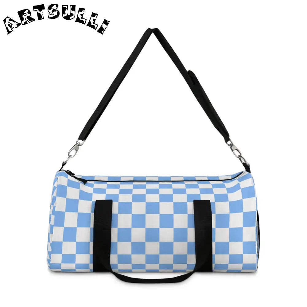 JAKKOUTTHEBXX Checkerboard II White and Light Blue Duffel Bag