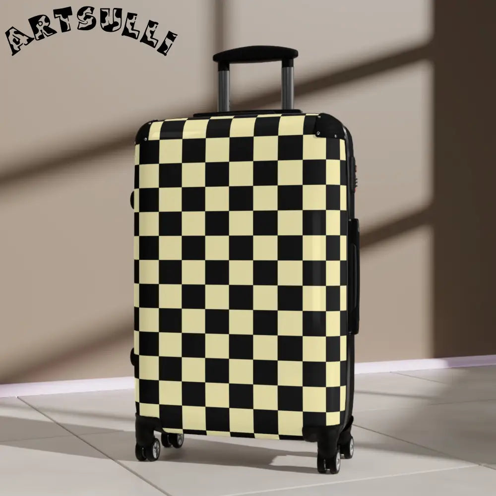 JAKKOUTTHEBXX Checkerboard Black and Yellow Suitcase JAKKOUTTHEBXX