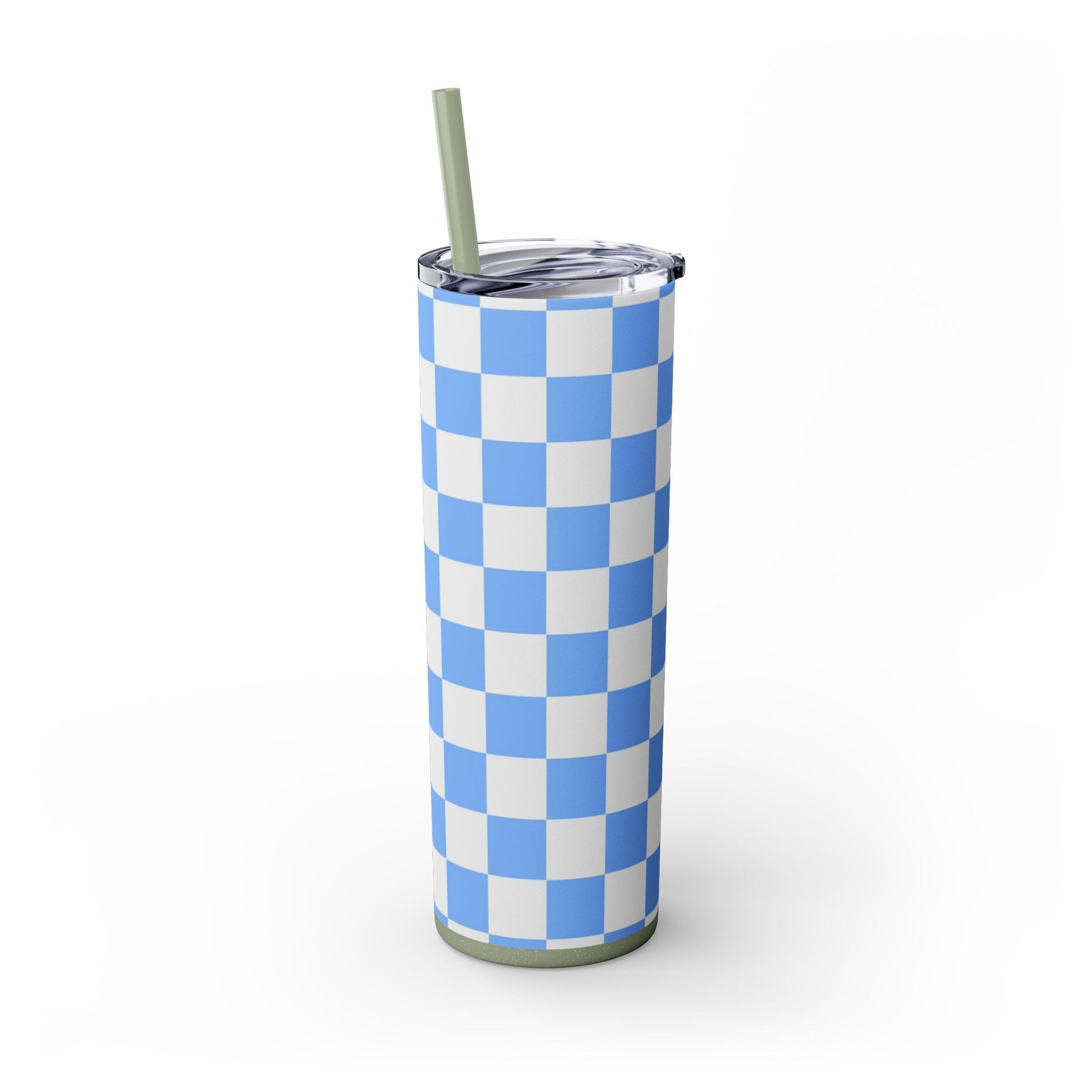 Checkerboard White and Light Blue Skinny Tumbler with Straw, 20oz, Artsulli - Art is Long, Life is Short, Mug, , , , , , , 