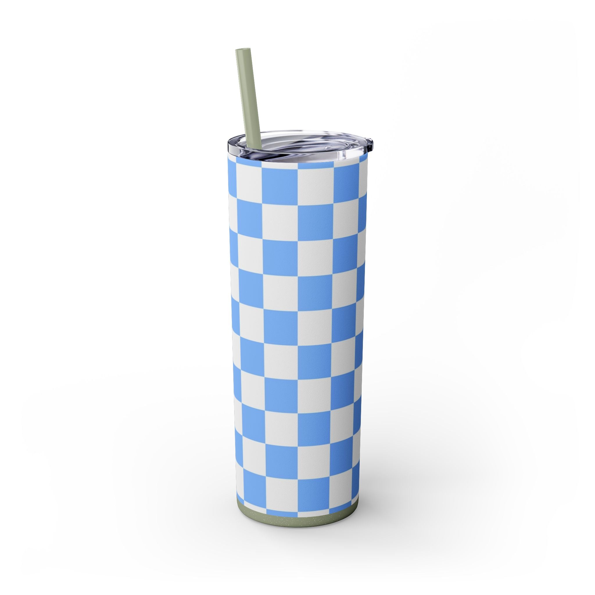 Checkerboard White and Light Blue Skinny Tumbler with Straw, 20oz, Artsulli - Art is Long, Life is Short, Mug, , , , , , , 