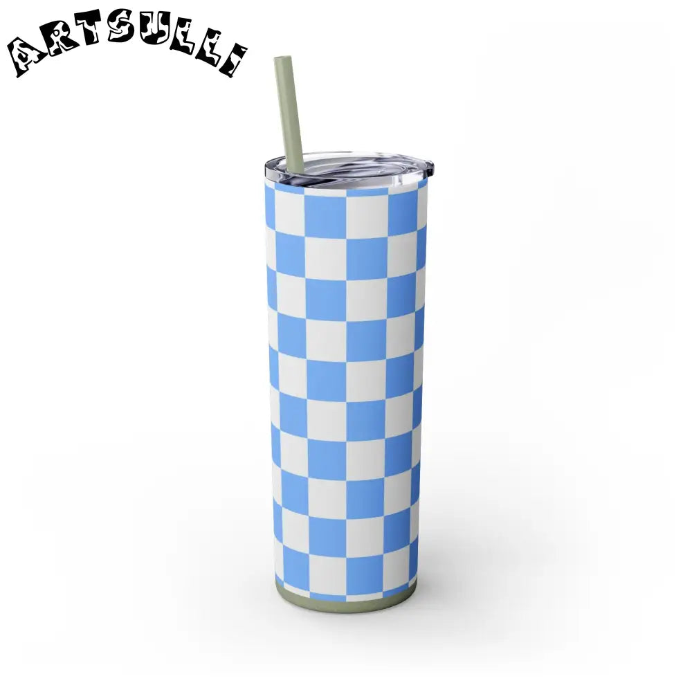 JAKKOUTTHEBXX Checkerboard White and Light Blue Skinny Tumbler