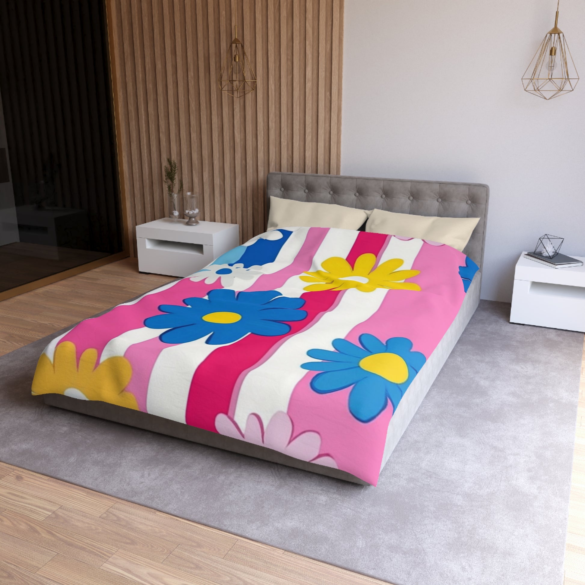 Flowers x Stripes Multi-Color Microfiber Duvet Cover, Artsulli - Art is Long, Life is Short, Home Decor, , , , , , , 