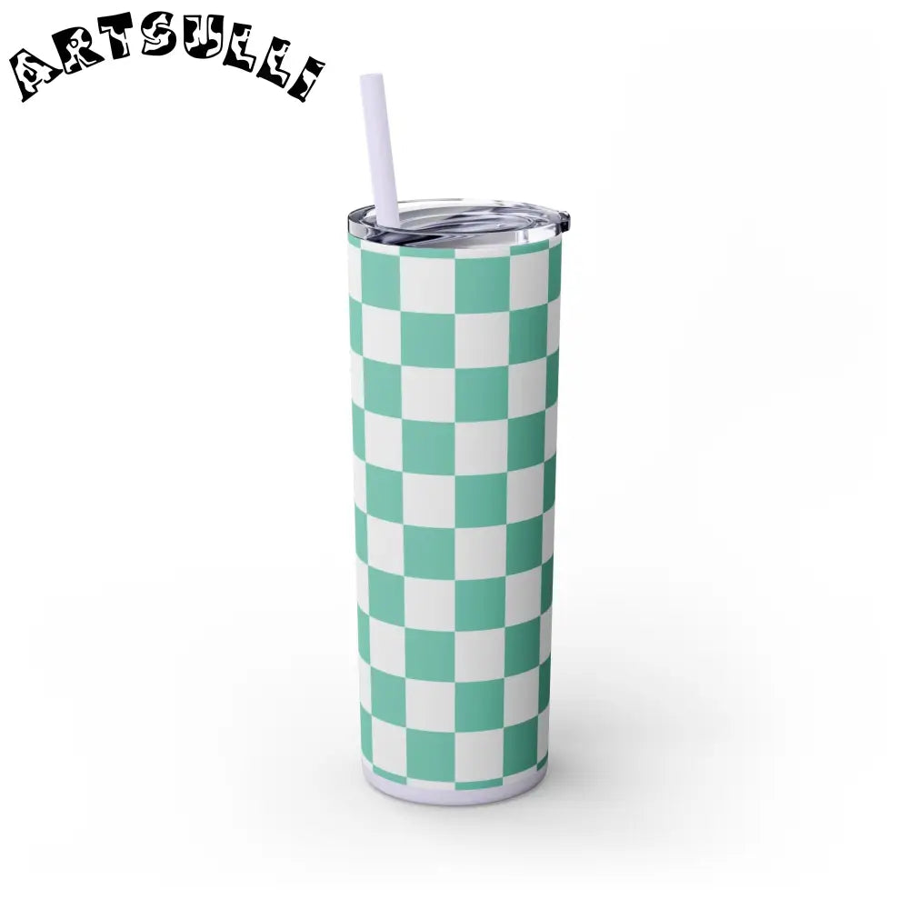 JAKKOUTTHEBXX Checkerboard Light Green Skinny Tumbler with Straw