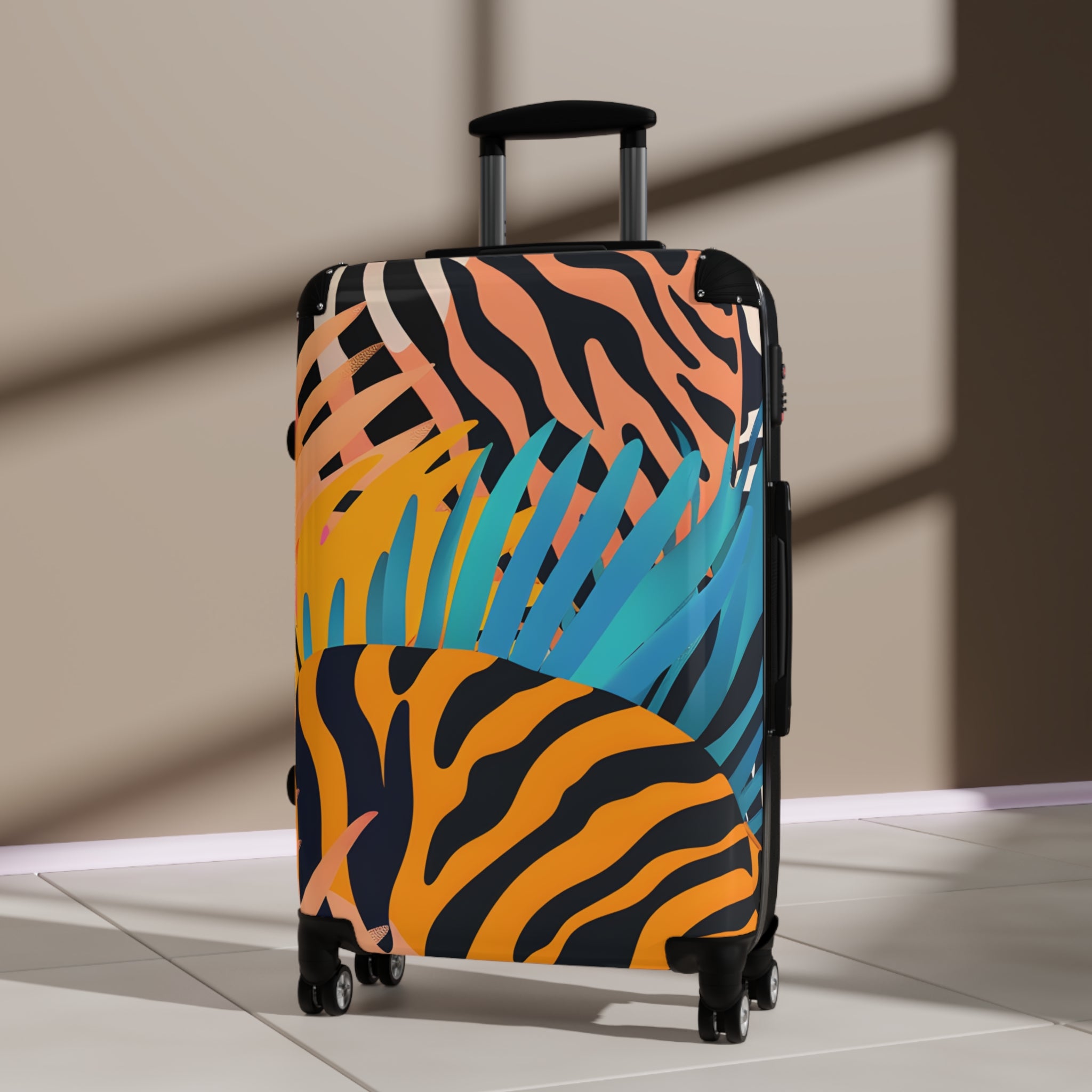 Palm Leaves x Zebra Stripes x Tiger Stripes Orange and Blue Suitcase, Artsulli - Art is Long, Life is Short, Bags, , , , , , , 