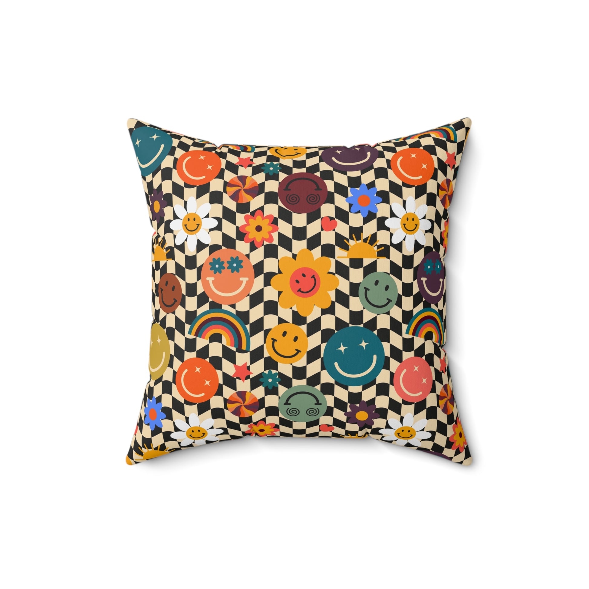 Trippy x Wavy Checkerboard x Smiley Face x Rainbow x Flowers Multi-Color Spun Polyester Square Pillow, Artsulli - Art is Long, Life is Short, Home Decor, Size, 16" × 16", , , , , 13262823708683010049