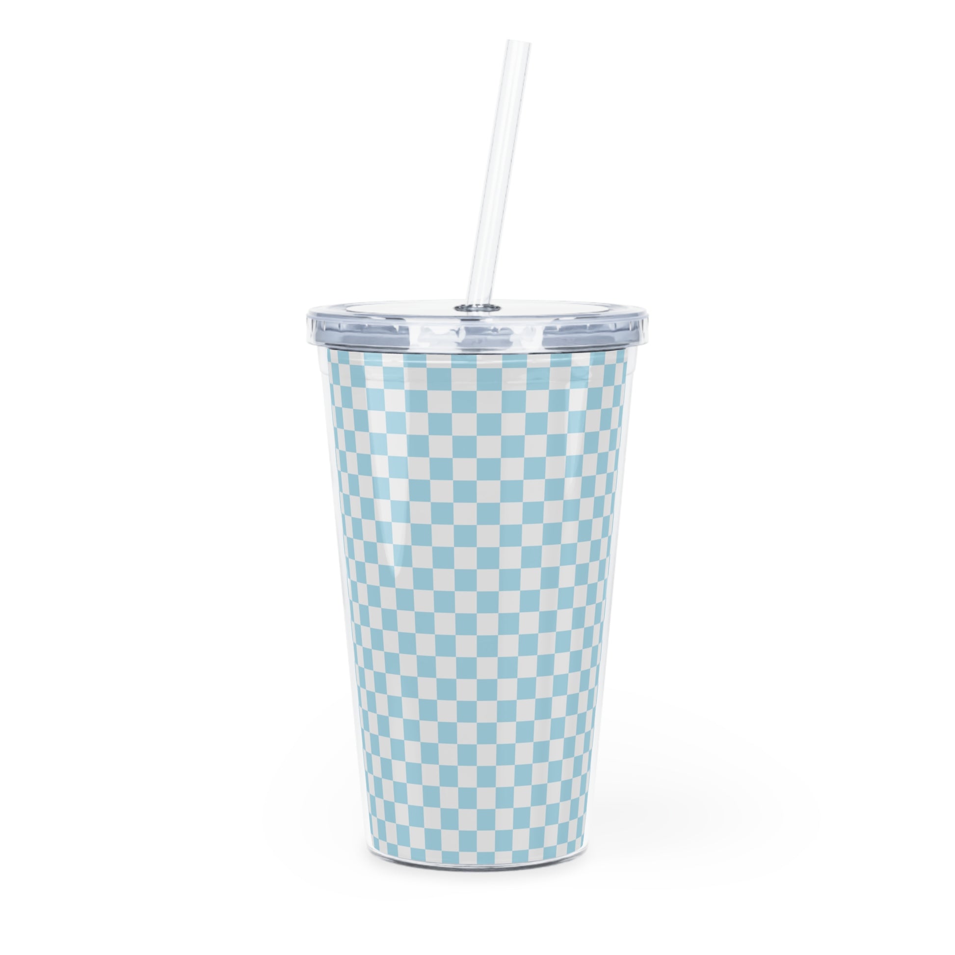 Checkerboard II Sky Blue Plastic Tumbler with Straw, Artsulli - Art is Long, Life is Short, Mug, Size, 20oz, Color, Transparent, , , 26798380680575024107