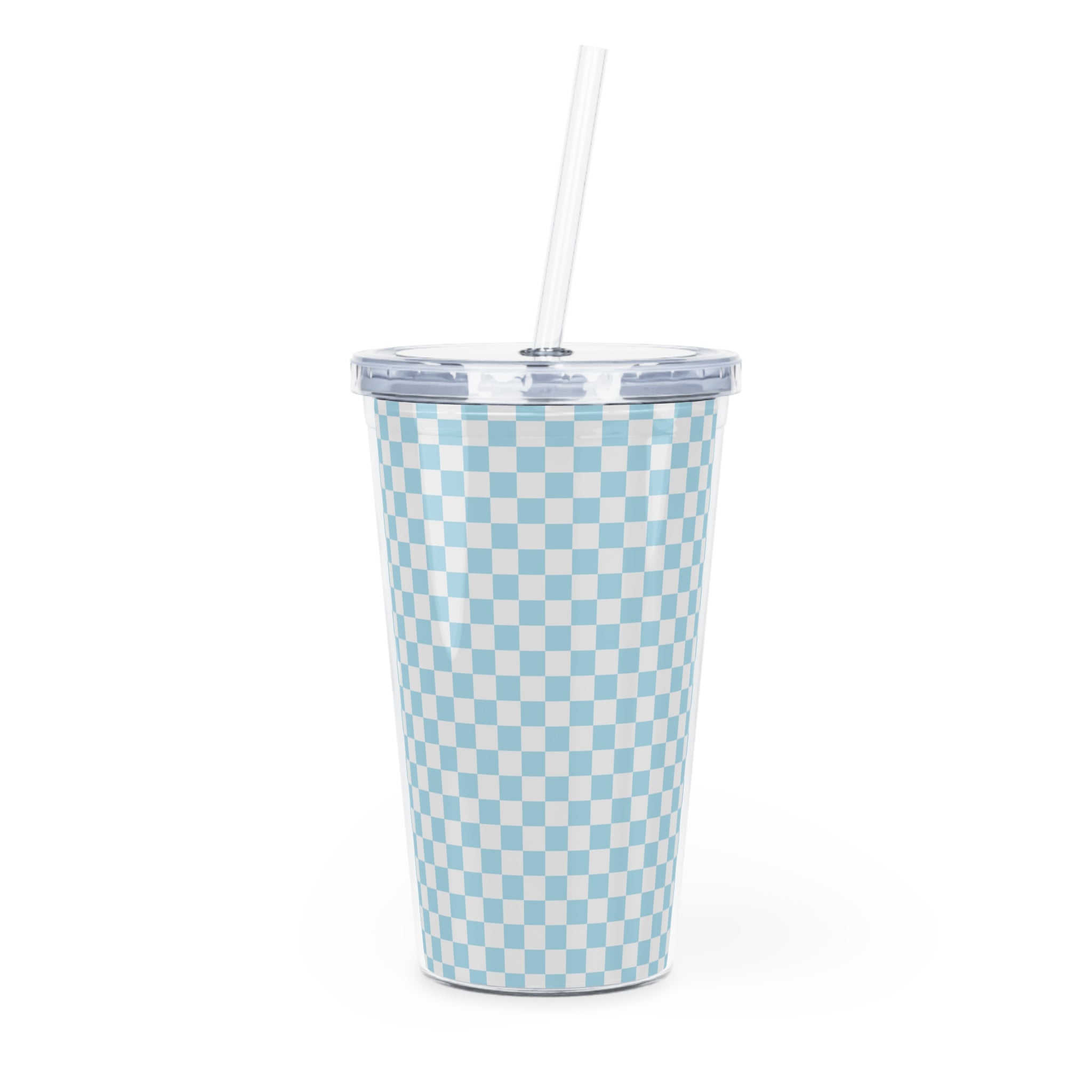 Checkerboard II Sky Blue Plastic Tumbler with Straw, Artsulli - Art is Long, Life is Short, Mug, Size, 20oz, Color, Transparent, , , 26798380680575024107
