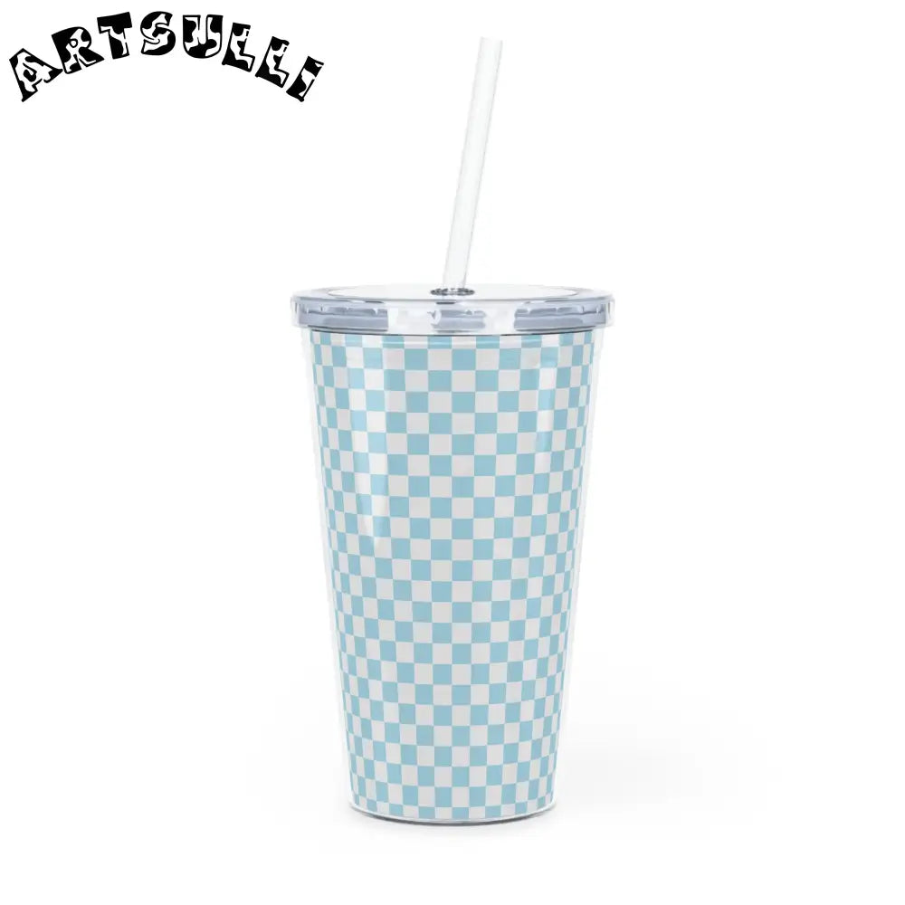 JAKKOUTTHEBXX Checkerboard II Sky Blue Plastic Tumbler with Straw