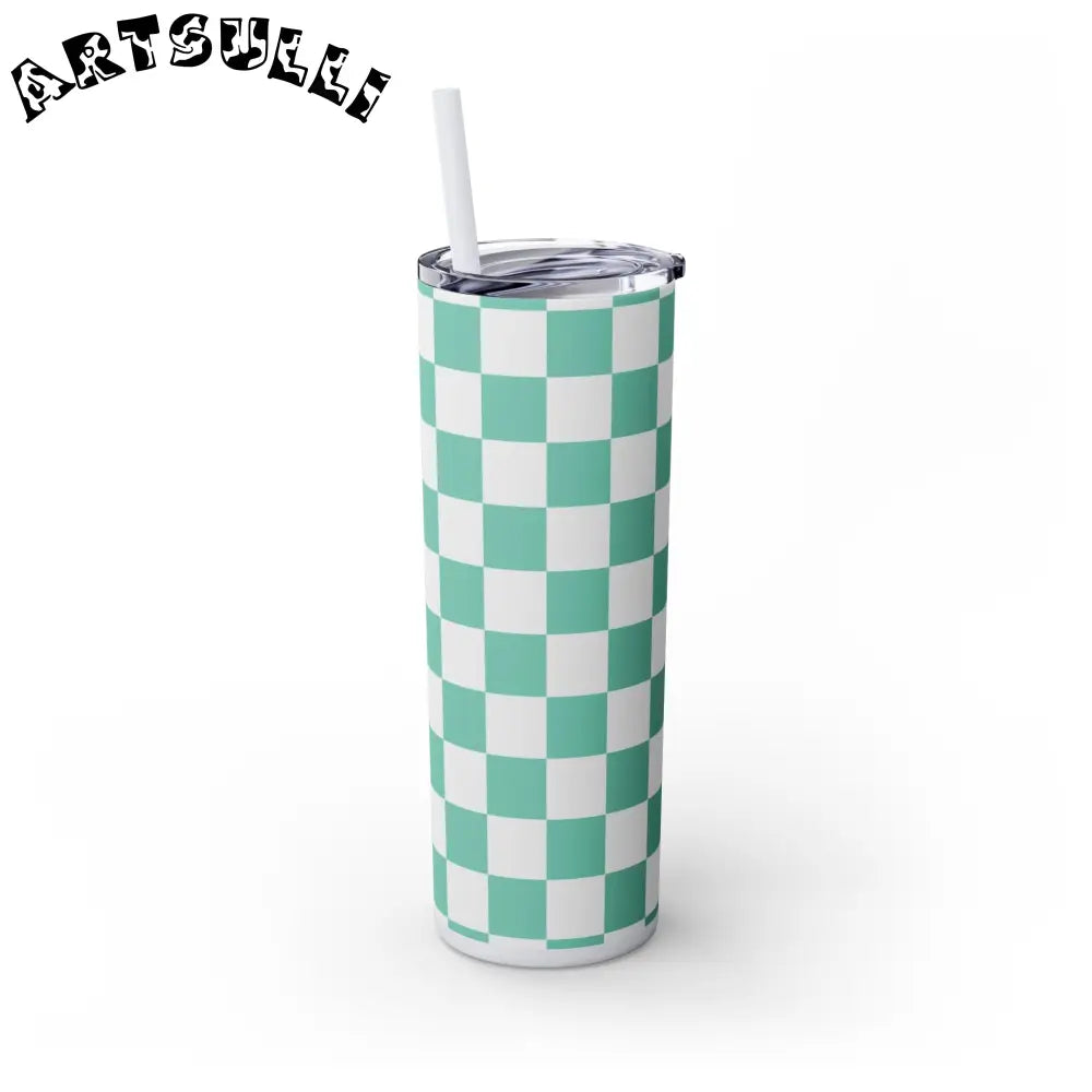 JAKKOUTTHEBXX Checkerboard Light Green Skinny Tumbler with Straw