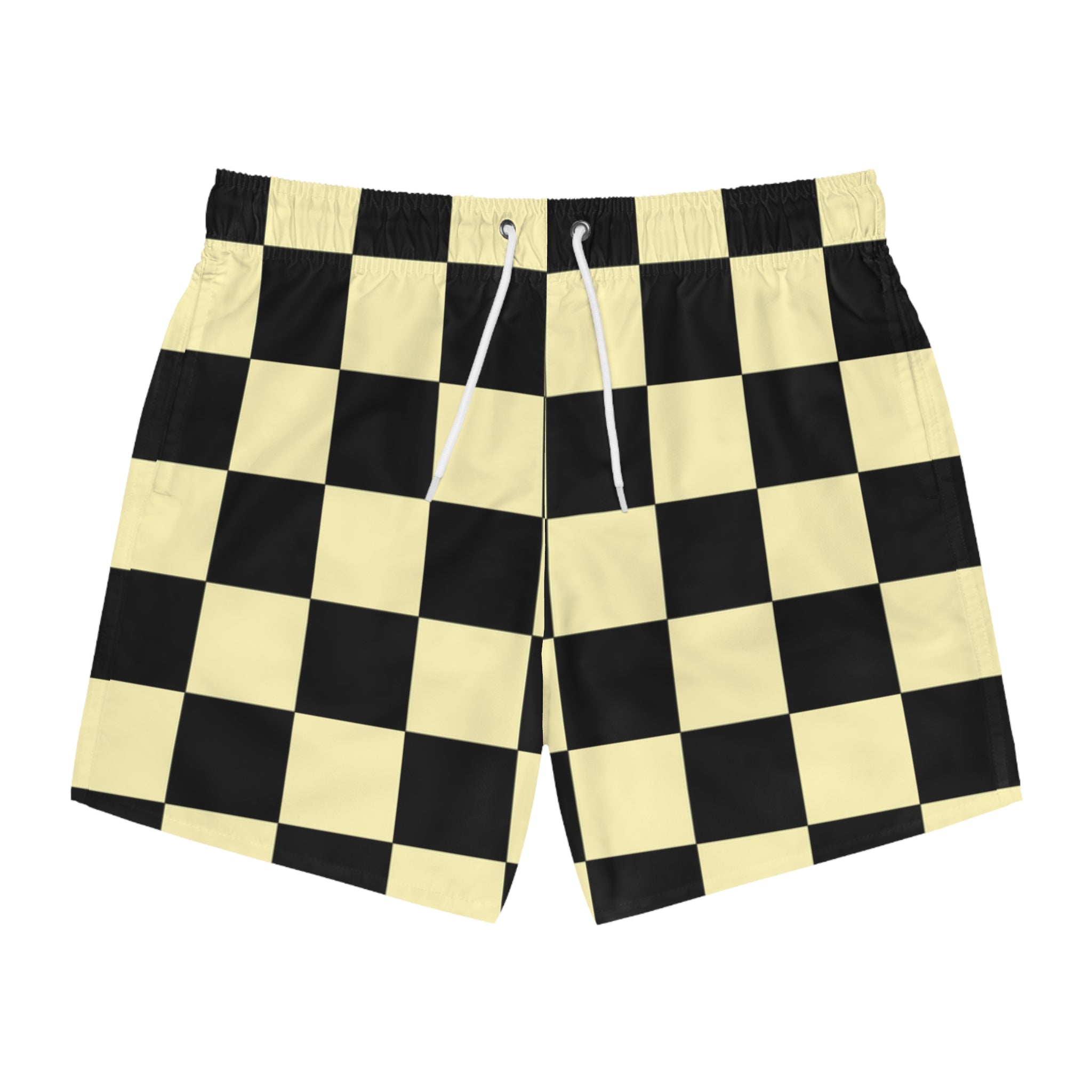 Checkerboard Black and Yellow Swim Trunks (AOP), Artsulli - Art is Long, Life is Short, All Over Prints, Size, XS, Color, Seam thread color automatically matched to design, , , 76708290027634815289