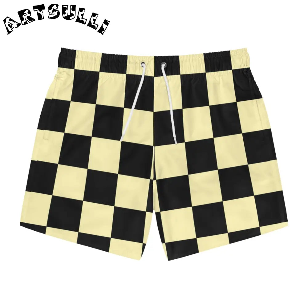 JAKKOUTTHEBXX Checkerboard Black and Yellow Swim Trunks (AOP)