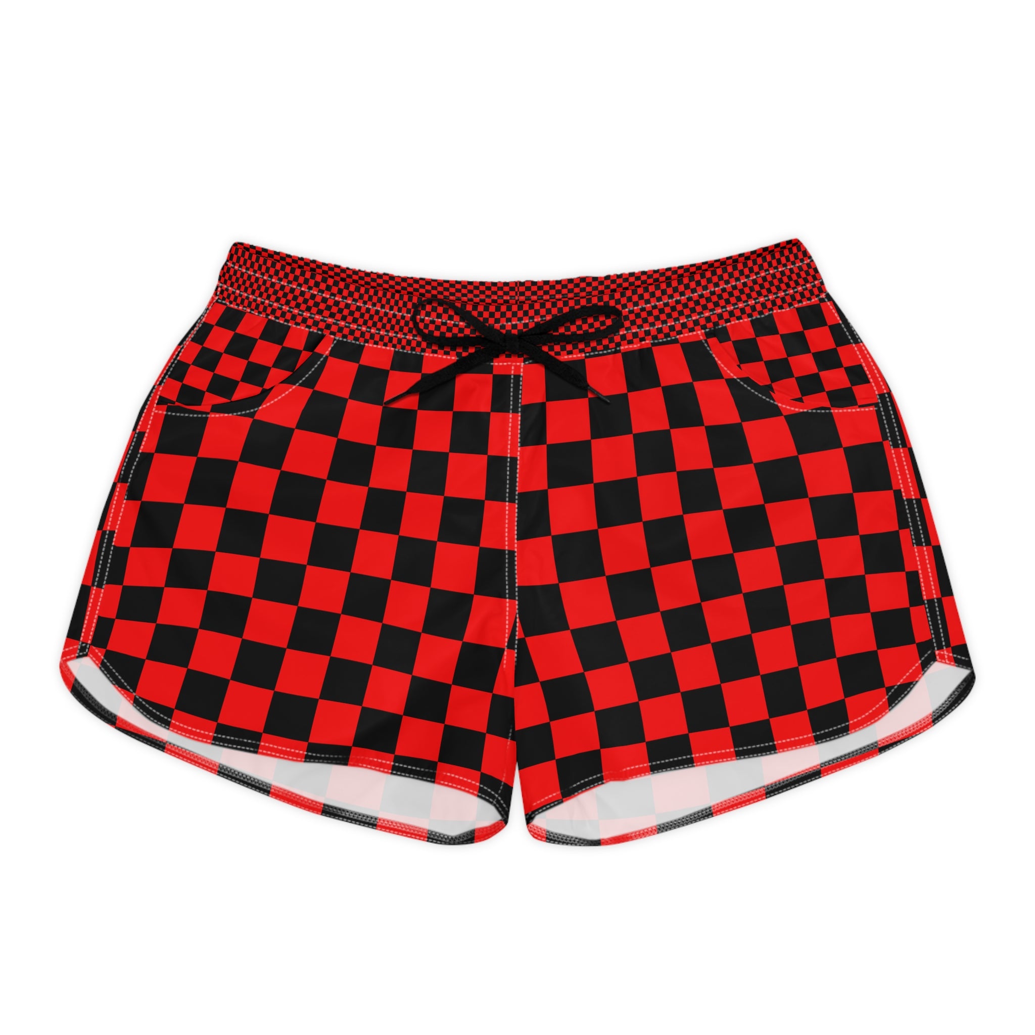 Checkerboard Red and Black Women's Casual Shorts (AOP), Artsulli - Art is Long, Life is Short, All Over Prints, Size, S, Color, Black drawstring, , , 15677082357709766920