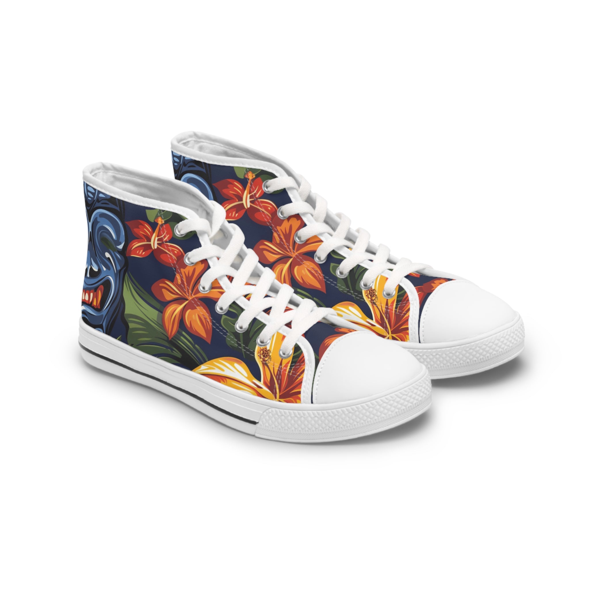 Tiki Bloom Navy Women's High Top Sneakers, Artsulli - Art is Long, Life is Short, Shoes, Size, US 5.5, Color, White sole, , , 95476348656723884001