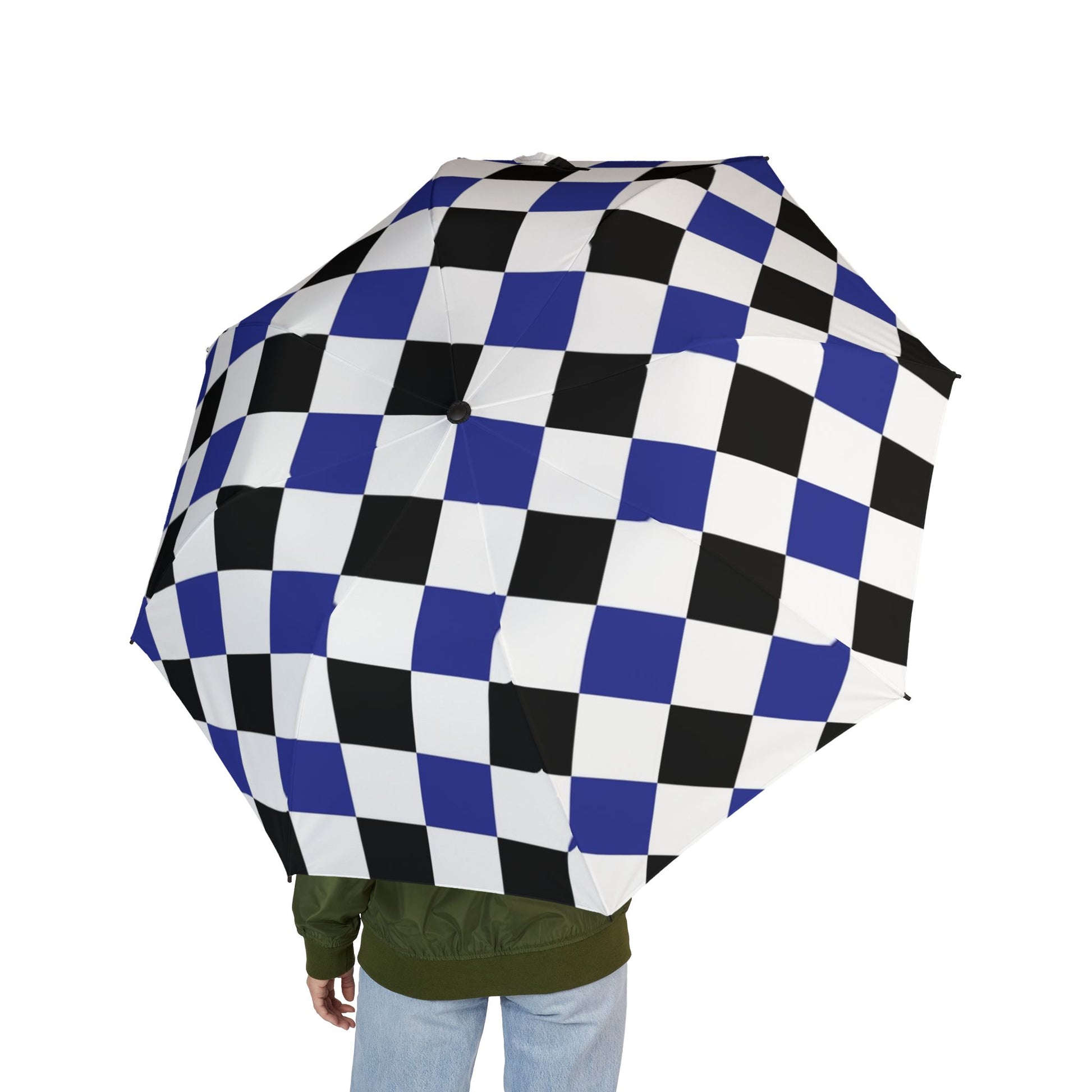 Checkerboard Blue White and Black Semi-Automatic Foldable Umbrella, Artsulli - Art is Long, Life is Short, Accessories, , , , , , , 